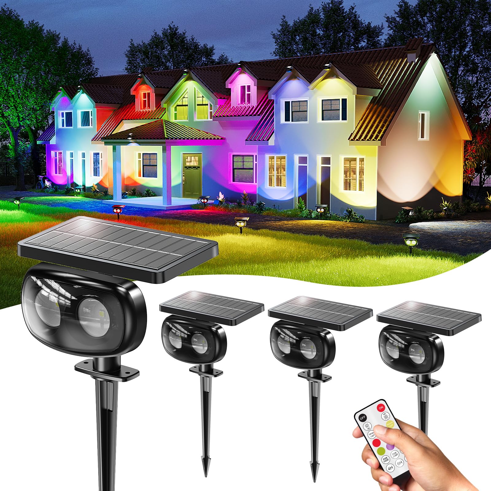 Photo 1 of MOFOYEAH Solar Spot Lights Outdoor Waterproof IP68, RGB Colors Changing Solar Lights with 4 Lighting Modes, Solar Powered Lights Outdoor for Garden Yard Pathway Landscape (4Pack)