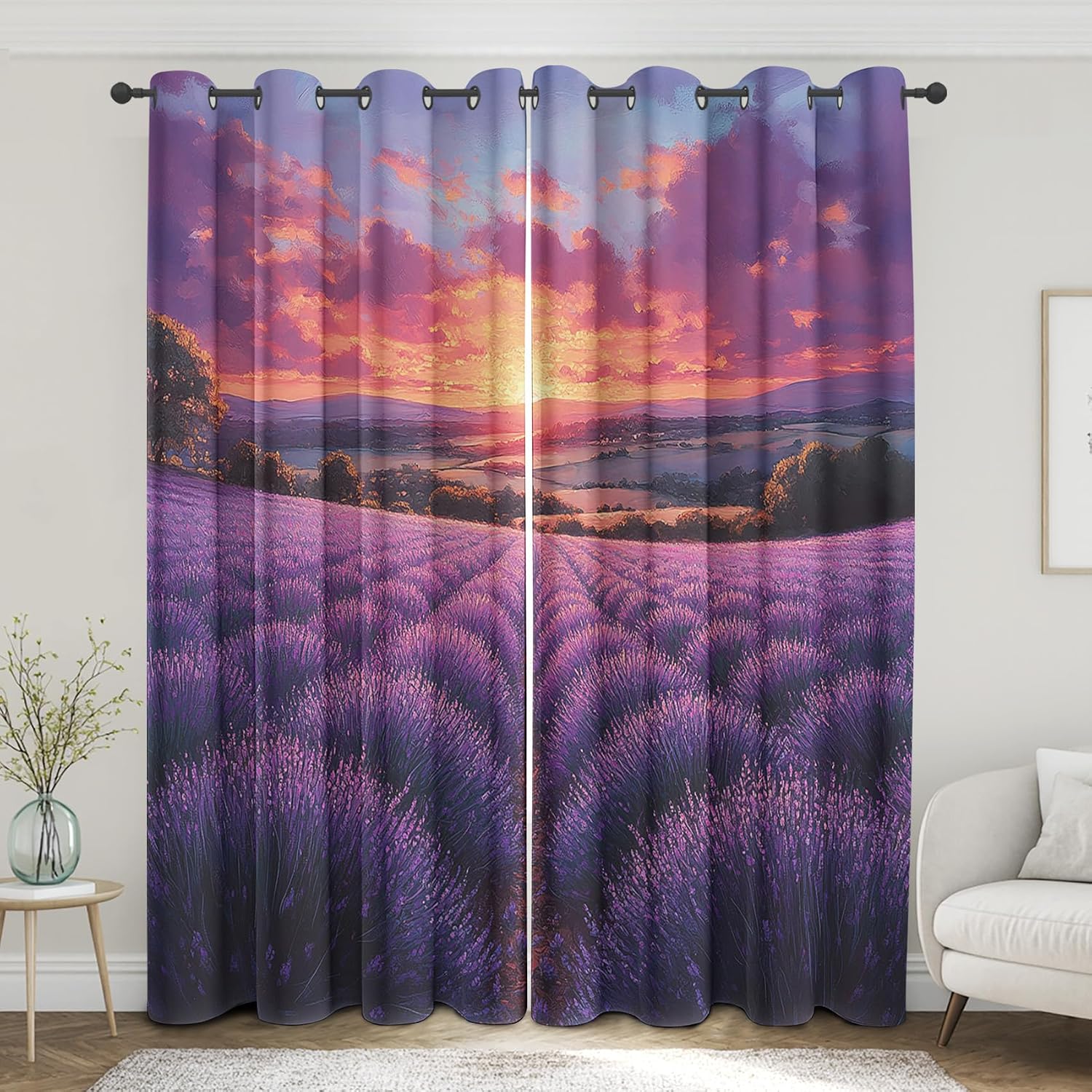 Purple Lavender Blackout Curtains 54 inch Length 2 Panels Set, Room Darkening Curtains & Drapes, Rural Flower Fields Curtain for Living Room Bedroom, Grommet Window Curtain (W52 x L54 Inch)
