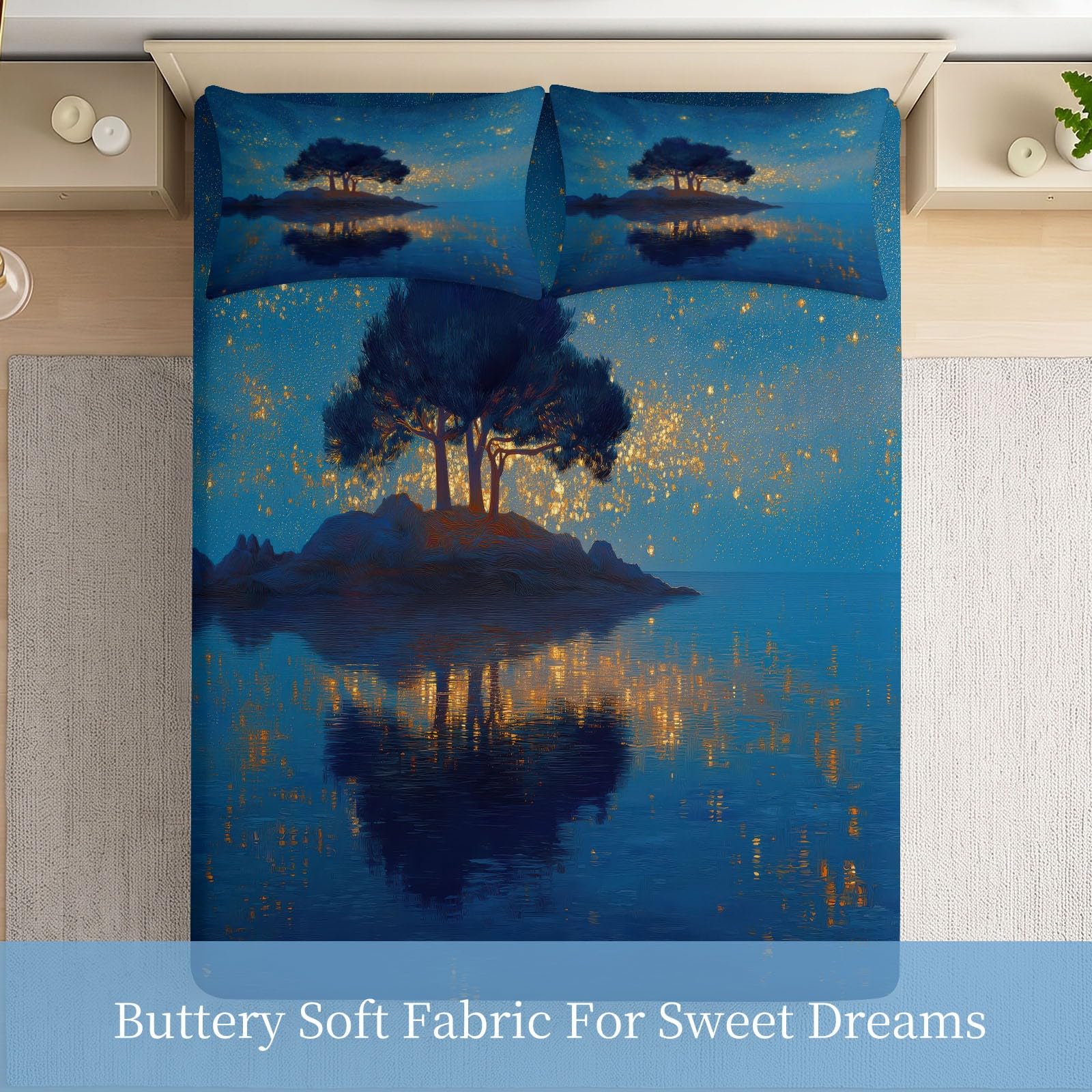 Impresionista Fantasy Sábana bajera ajustable de 200 x 200 cm, diseño de árbol, cielo estrellado, lago, efecto espejo, color azul, 3 piezas, microfibra suave, hasta colchones de 30 cm de altura