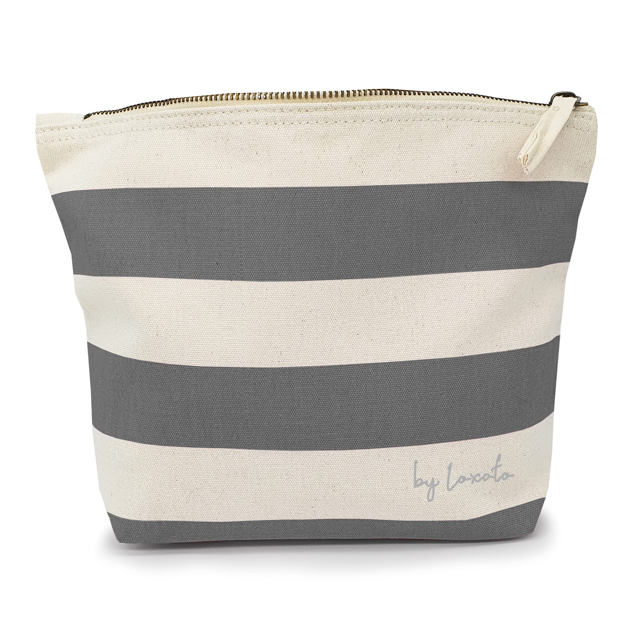 Loxato Bolsa de Aseo Mujer Grande - Neceser Maquillaje de Lona 100% Algodón Natural 28 X 19 X 8 cm - Viaje - Playa - Gris