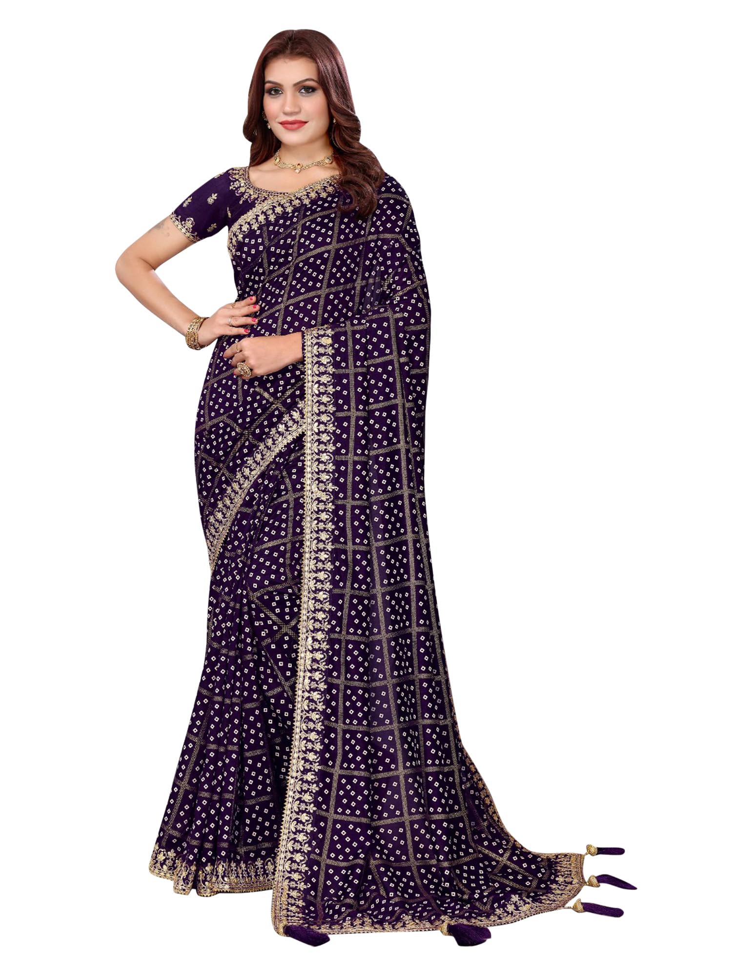 AKHILAMWomen's Chiffon Bandhani Embellished Saree With Unstitched Blouse Piece(ANGEL3001_AG_Parent)