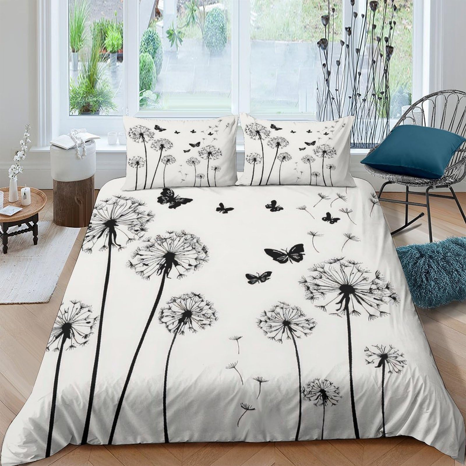 Ctjqhvkz Style-5 3D Printed Dandelion Butterfly Fitted Sheet Microfiber Soft Black White Mattress Cover For Bedroom Guest Room Decor Single（135X200cm）