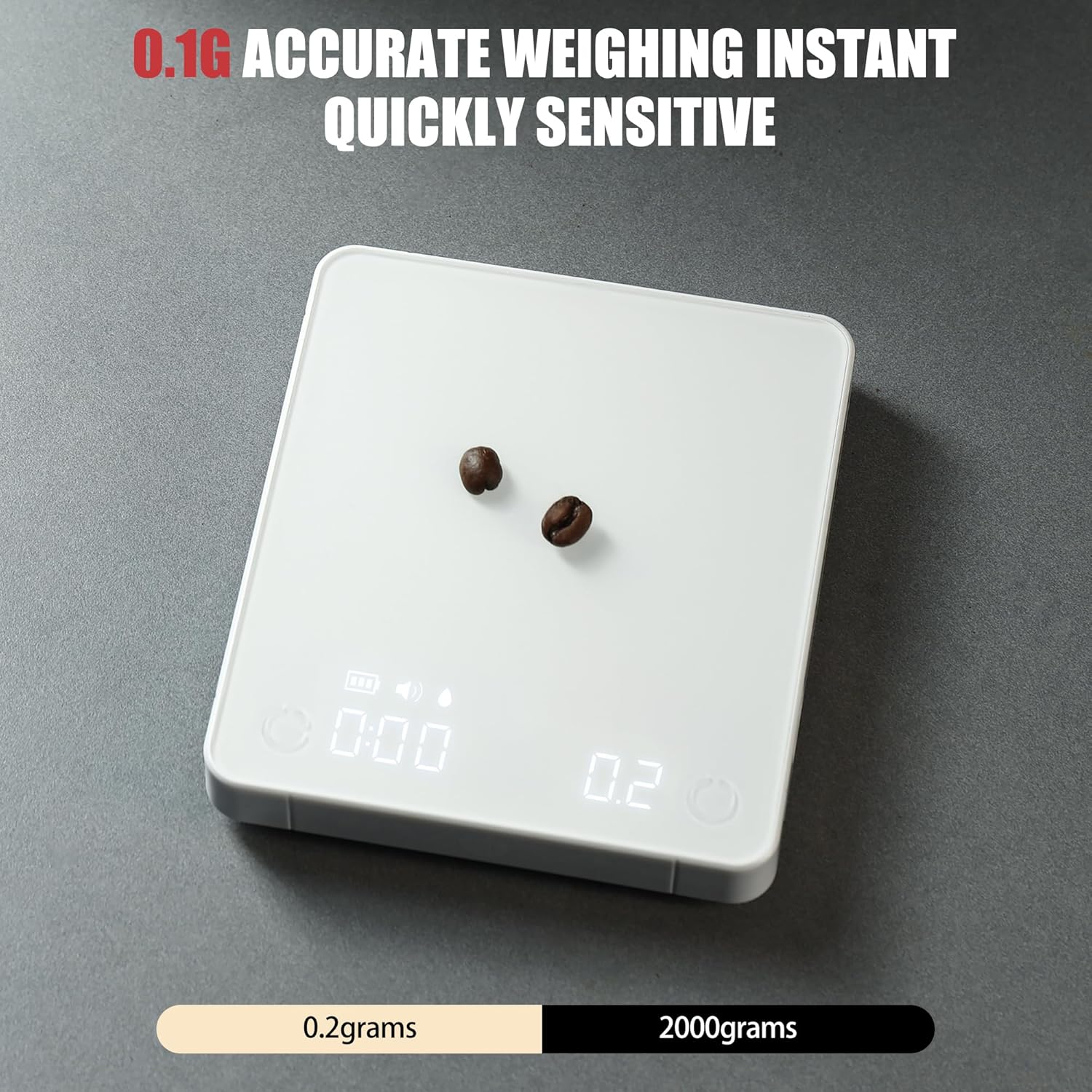 Portable Coffee Scale,Electronic Digital Espresso Scale with Timer,2kg/0.1g High Precision,USB Type-C Charging,Rechargeable 1800mAh Battery White
