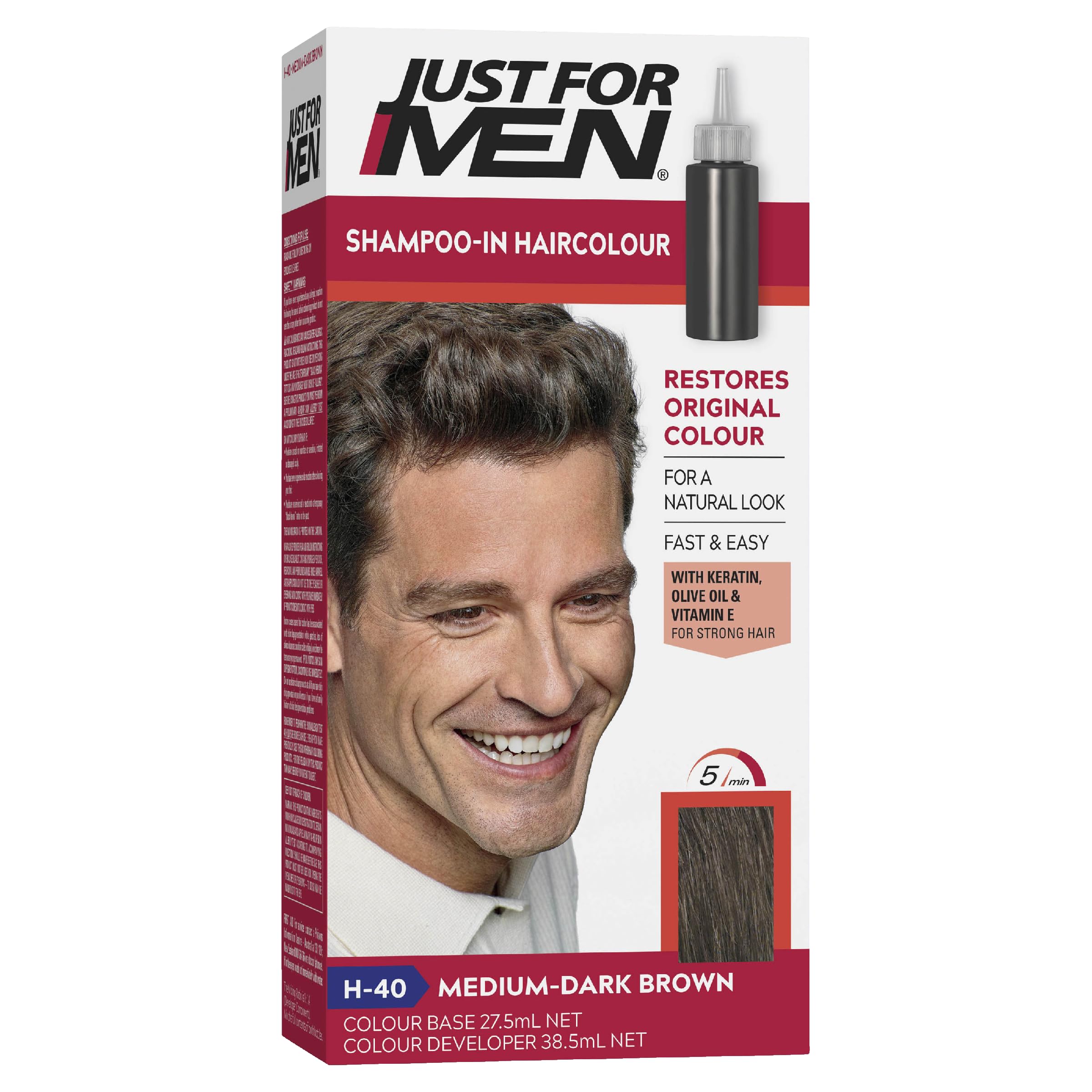 Just For Men Original Formula Medium-Dark Brown Hair Dye, Targets Only The Grey Hairs, Restoring The Original Colour For a Natural Look – H40