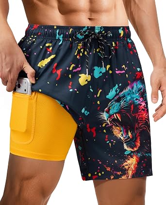Gleeease 7inch Mens Swim Trunks with Compression Liner Zipper Pocket Drawstring Quick Dry Stretch Lined 3D FunnyBeach Pool