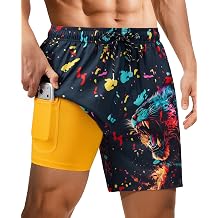 Gleeease 7inch Mens Swim Trunks with Compression Liner Zipper Pocket Drawstring Quick Dry Stretch Lined 3D FunnyBeach Pool
