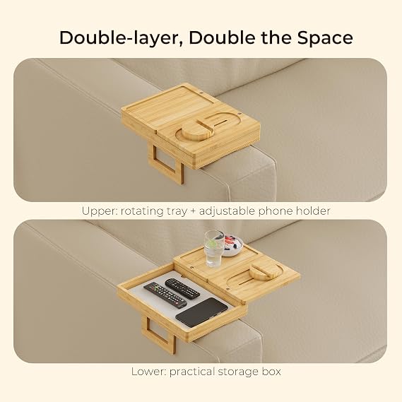 Wealone Bamboo Couch Arm Tray, Adjustable Sofa Arm Table with Storage Box | 2 Rotatable Tray, Clip Table with Storage Box & 360 Phone Holder, Couch Armrest Table for Snacks, Drinks or Dining
