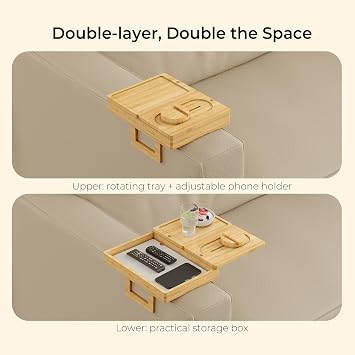 Wealone Bamboo Couch Arm Tray, Adjustable Sofa Arm Table with Storage Box | 2 Rotatable Tray, Clip Table with Storage Box & 360 Phone Holder, Couch Armrest Table for Snacks, Drinks or Dining