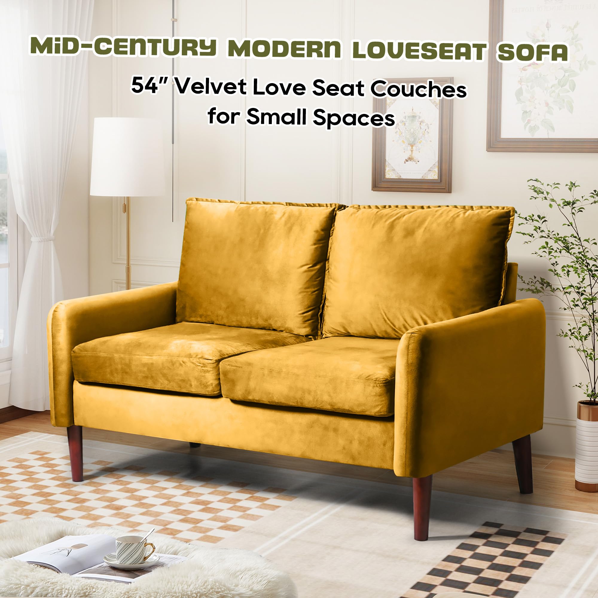 Bilhilury 54" Loveseat Sofa, Velvet Love Seat Couches for Living Room, Loveseat for Small Spaces, Small Couch for Bedroom Apartment Office, Mid-Century Modern Sofa with Throw Pillow,: Ginger