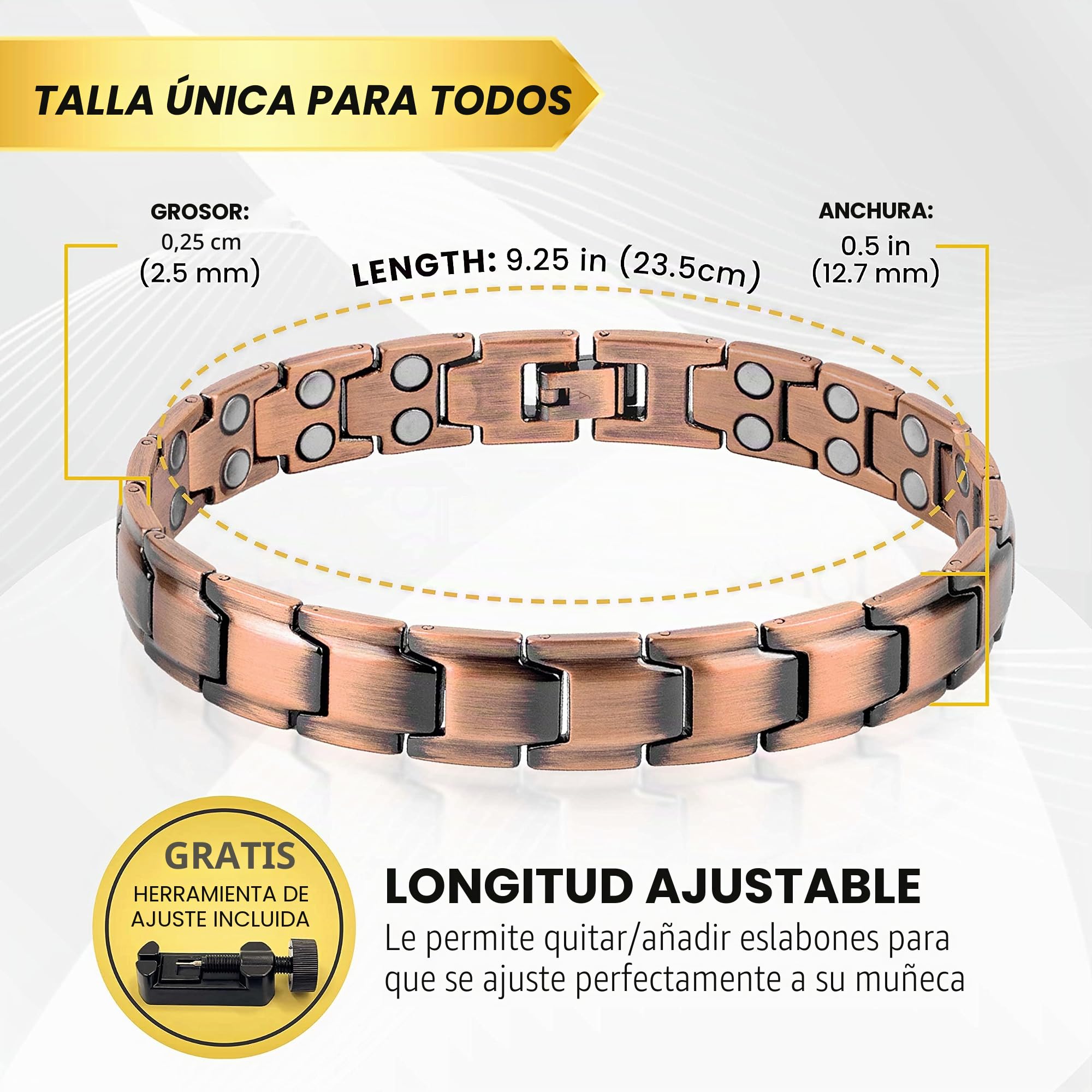 MagnetRX® Pulsera Cobre Hombre – Pulsera Magnética Hombre de Cobre Puro con Imanes para Magnetoterapia, Alivio de Artritis y Túnel Carpiano – Tamaño Ajustable con Herramienta Incluida – Modelo Leo
