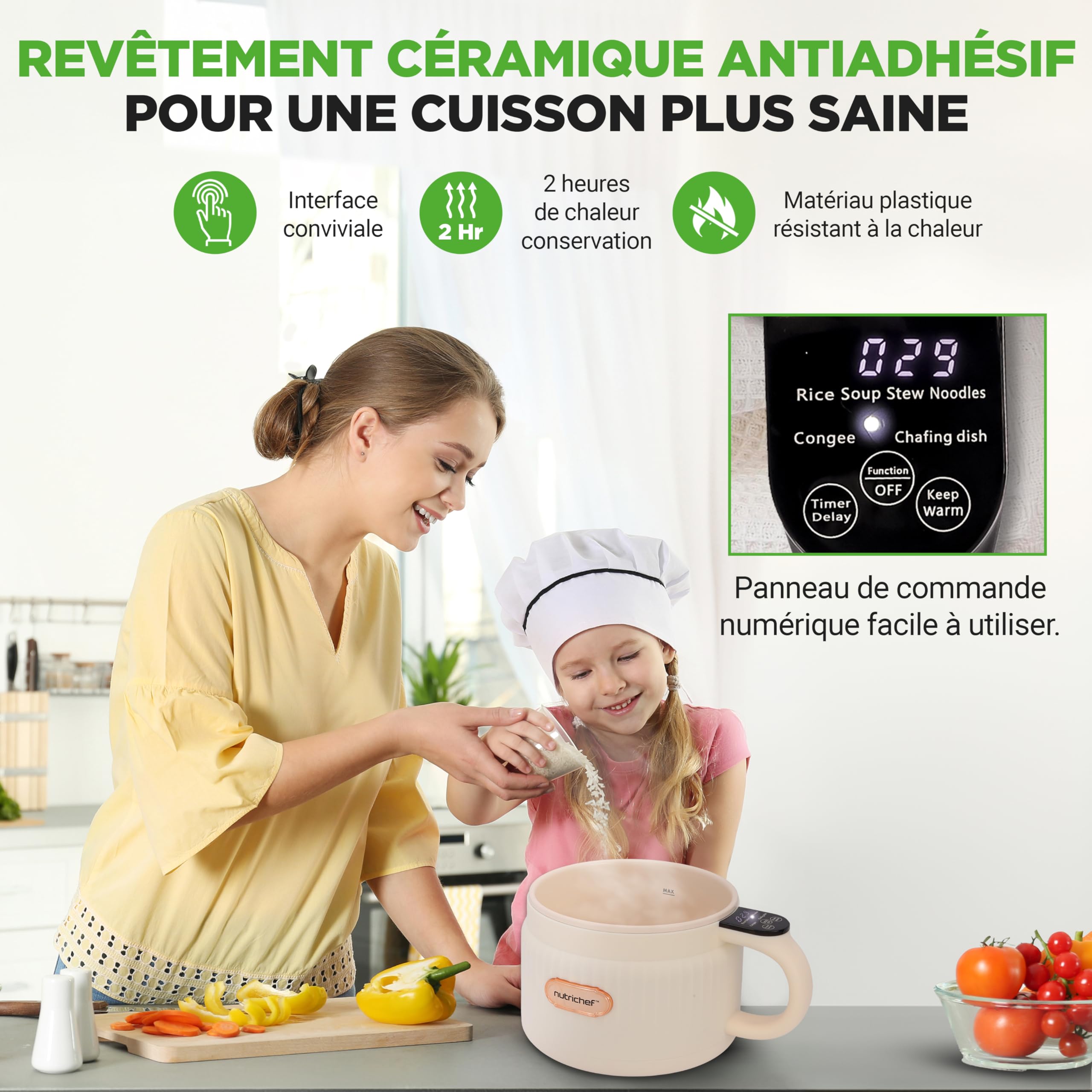 NutriChef Cuiseur à Riz Électrique Portable 1,5 L (6 Tasses) – Multicuiseur à Revêtement Céramique, Écran Numérique et 6 Programmes, Blanc.