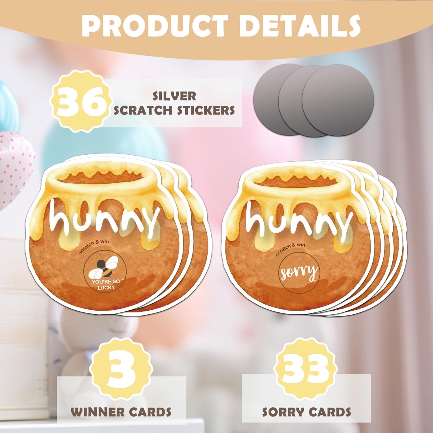 Baby Shower Scratch Off Game-36PCS Scratch & Win Card for Guest-Tabletop Game for Gender Reveal Party-Baby Shower Supplies and Decorations-You're So Lucky-(Honey Pot Shaped Cards-10)