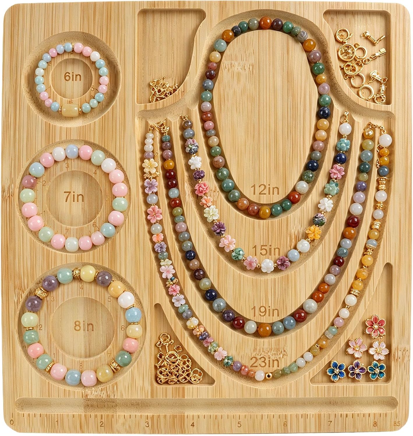 Bamboo Jewelry Design Board | 11"x9.45"(28x24cm) Bracelet & Necklace Bead Tray DIY Craft Organizer with Storage for Jewelry Making Supplies(Style 2)