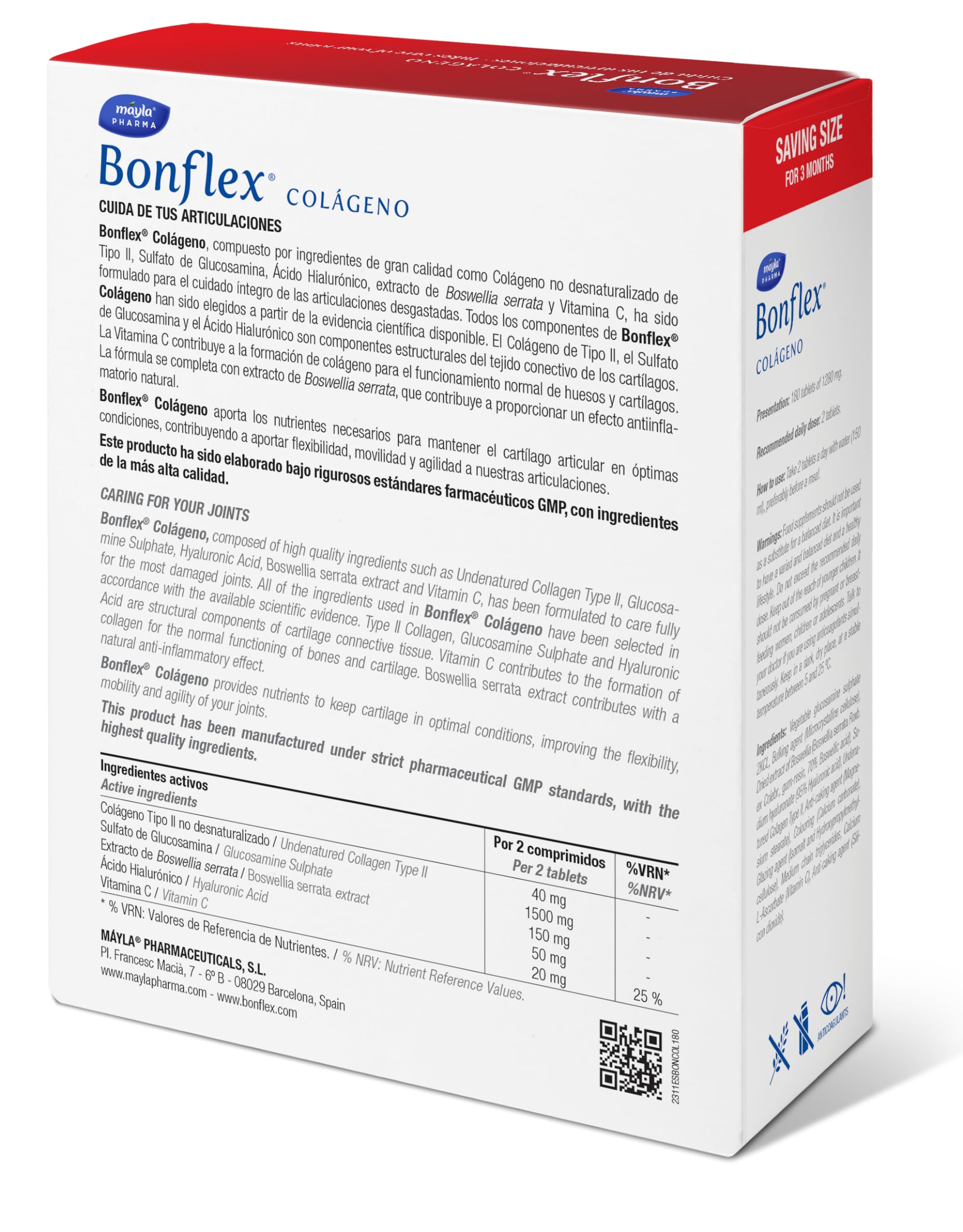BONFLEX Colágeno 180 Comprimidos Colágeno no Desnaturalizado Tipo II 1500mg Glucosamina Ácido Hialurónico Boswellia Vitamina C para Articulaciones 1 Toma al Día