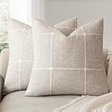 Foindtower Pack of 2 Decorative Faux Linen Jacquard Check Throw Pillow Covers Farmhouse Cushion Cover with Grid Textured Accent Pillowcase for Couch Sofa Bed Living Room Home Decor,18×18 Inch,Beige