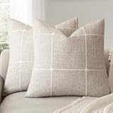 Foindtower Pack of 2 Decorative Faux Linen Jacquard Check Throw Pillow Covers Farmhouse Cushion Cover with Grid Textured Accent Pillowcase for Couch Sofa Bed Living Room Home Decor&comma;18×18 Inch&comma;Beige