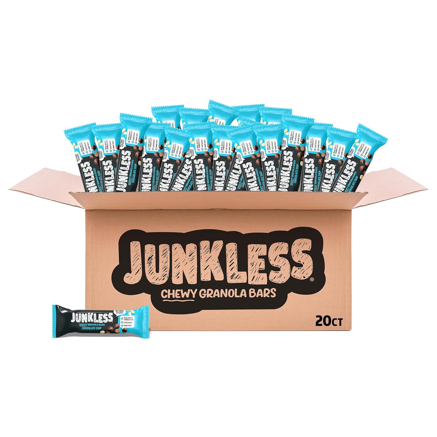Junkless Chewy Granola Bar 20ct Family Pack – Less Sugar, Great Tasting, Non-GMO, Gluten Free – Bulk Granola Bars – 1.1 oz. Bars (20 Count, Chocolate Chip)