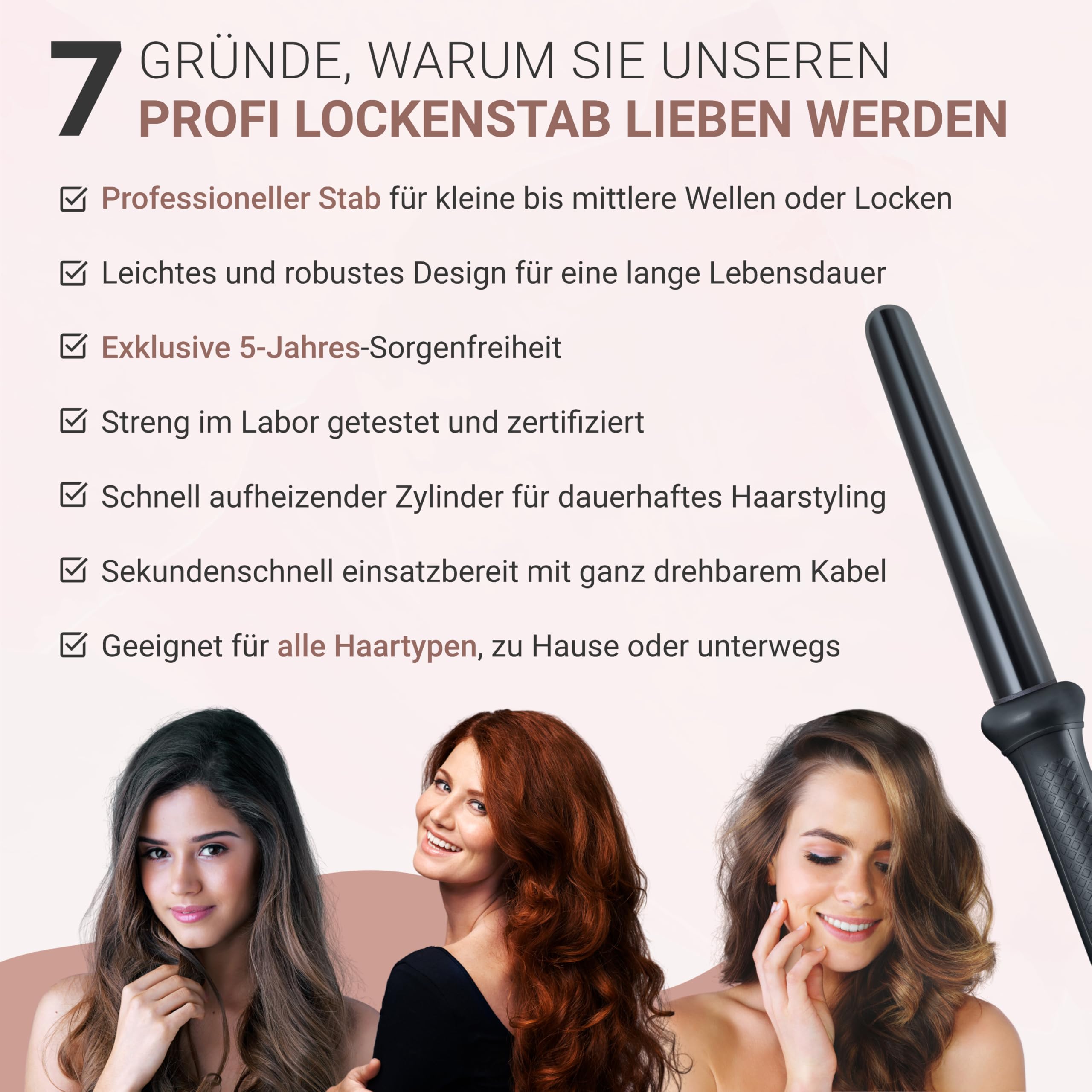 Lockenstab für Beach Waves, Müheloses Styling mit Salon-Ergebnis, Germany | traumhafte Profi-Lockeneisen, 5 Jahre Sorgenfreiheit, Curling Iron Locken Hair Curler für kurze & lange Haare (18mm-25mm)
