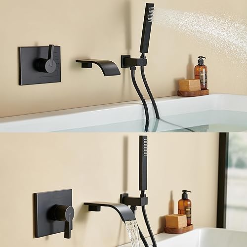 Miniatura 3 de Grifo de bañera de montaje en pared con boquilla de cascada, grifo de bañera montado en la pared con ducha de mano de una sola manija, juego de