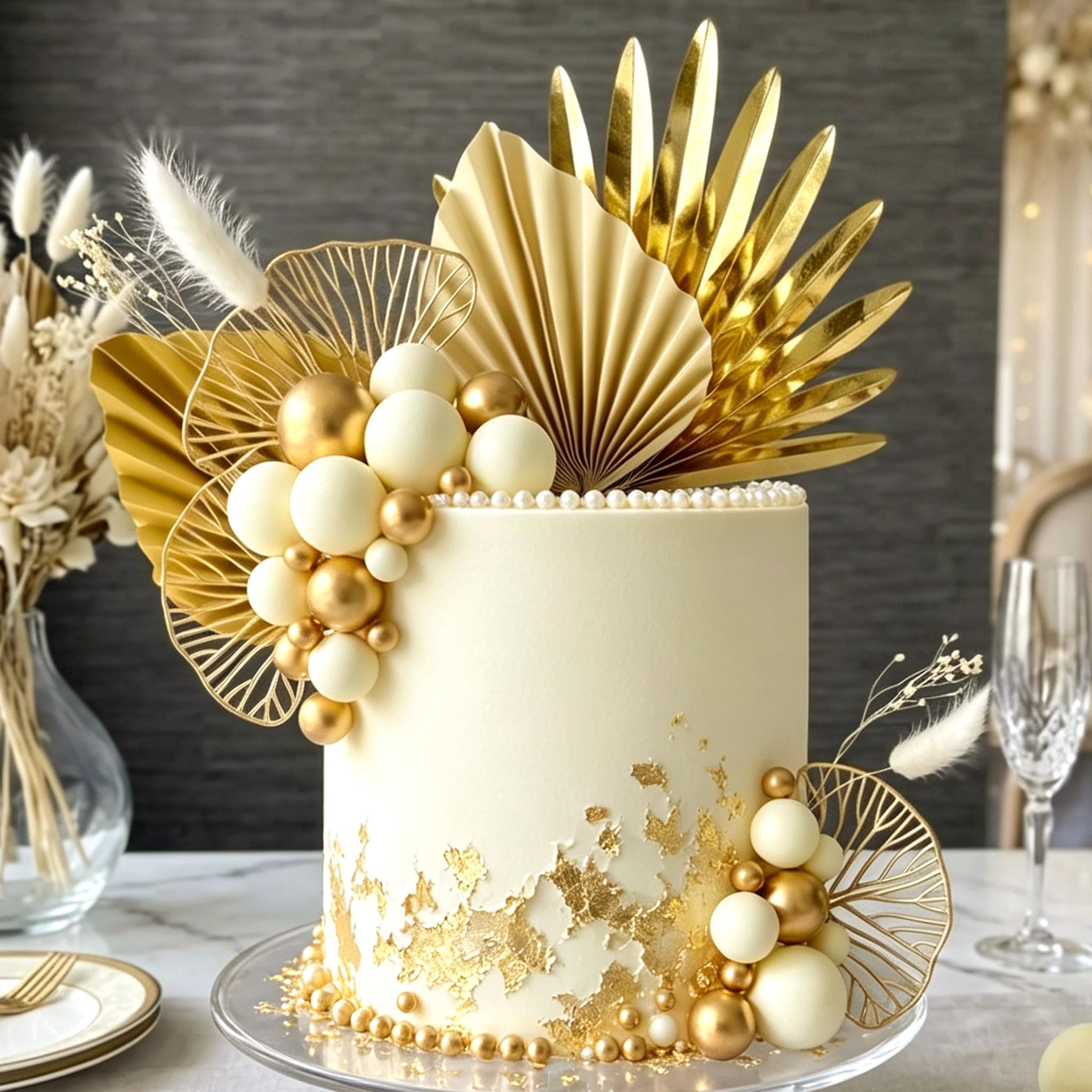 LaVenty Boho Cake Decorations White Gold Balls for Boho Party