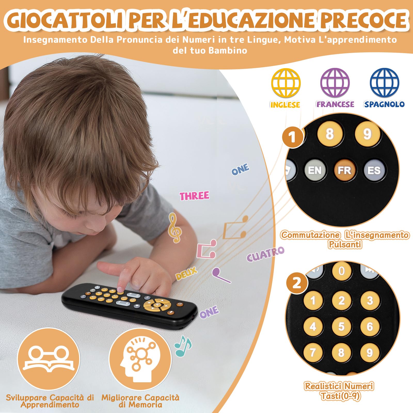Orzbow Telecomando Bambini Giocattolo, Volume Regolabile Giochi Educativi per Bambini, Gioco Sensoriale per Bambini con Bottoni a Forma Multipla, Ragazzi Ragazze Giocattoli Musicali Regalo per 1 Anni