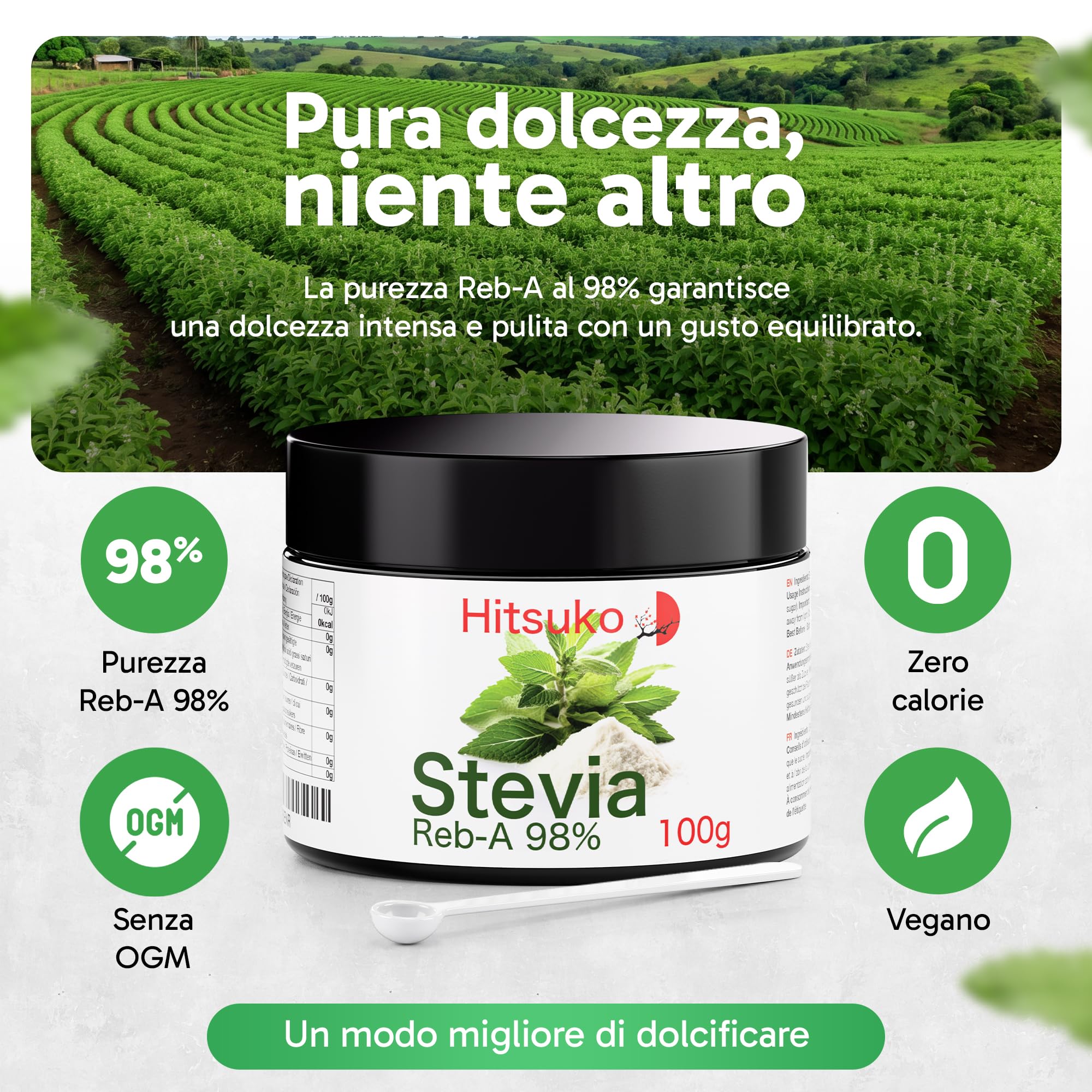 Polvere di Stevia Ultra-Concentrata (100g) | RebA-98 Puro al 98% | 470x Più Dolce dello Zucchero
