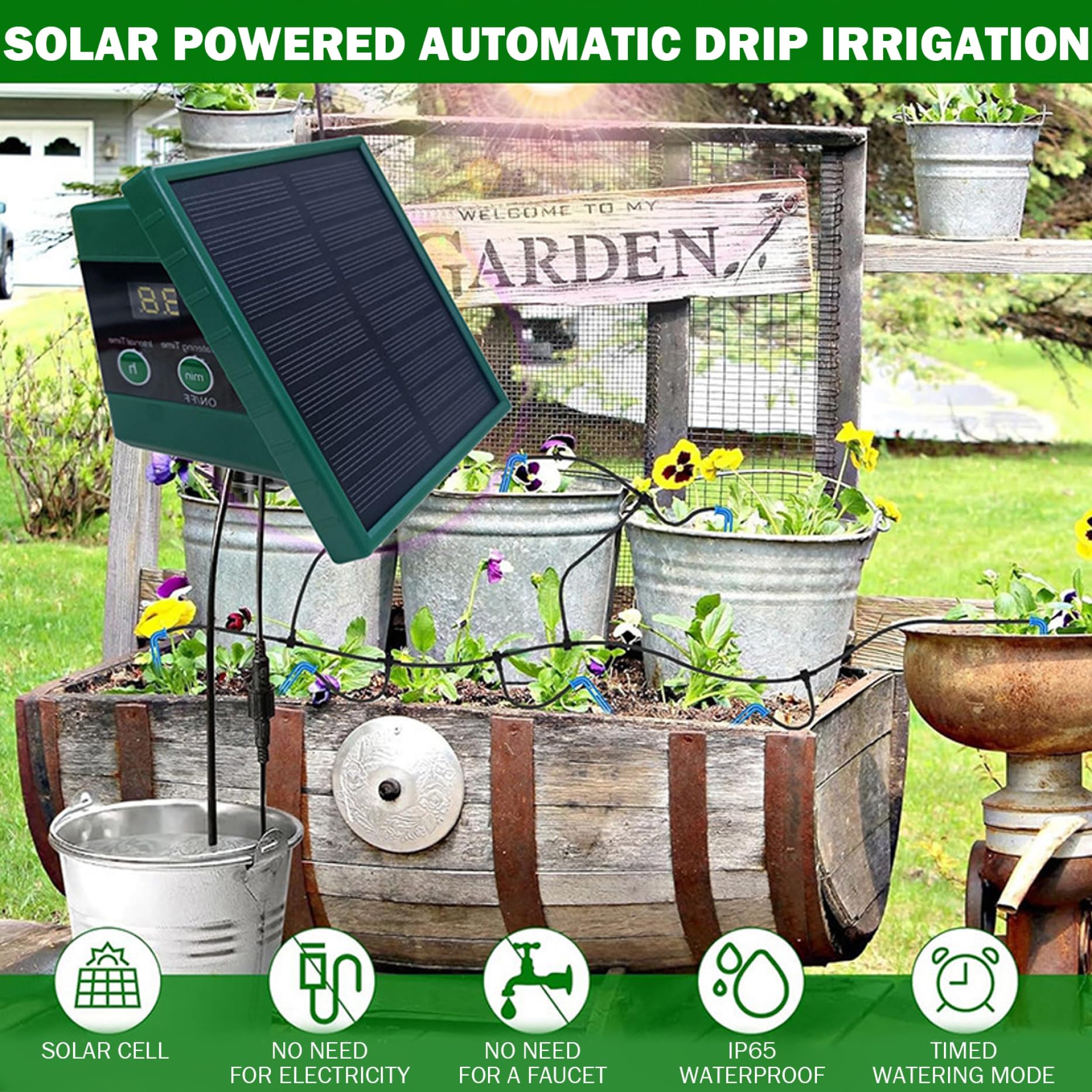 Sistema di irrigazione solare a goccia – Kit di irrigazione automatica delle piante con pannello solare e timer per giardino interno/esterno