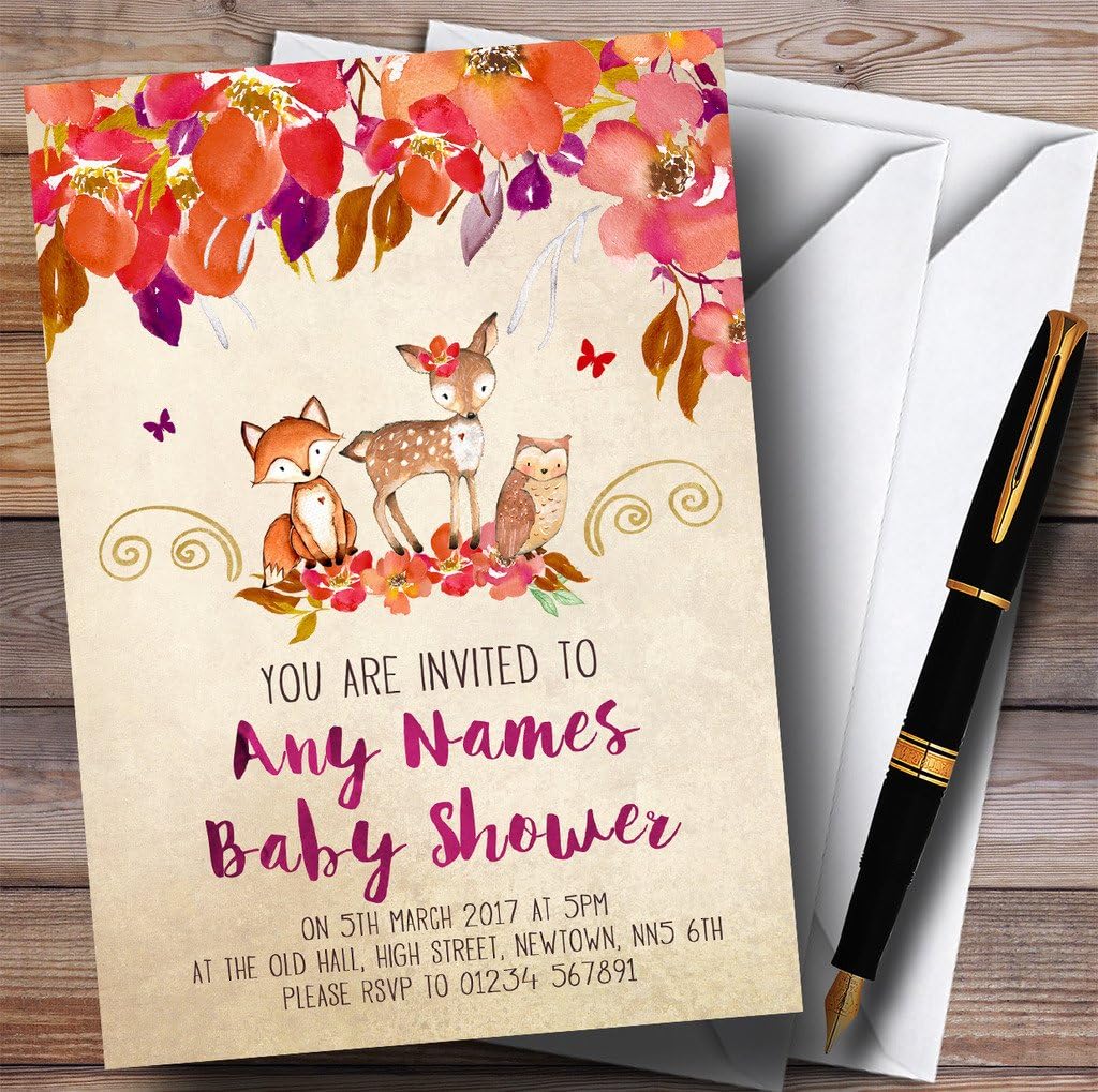 Bright Floral Woodland Forest Animals Fox Invitations Baby Shower Invitations