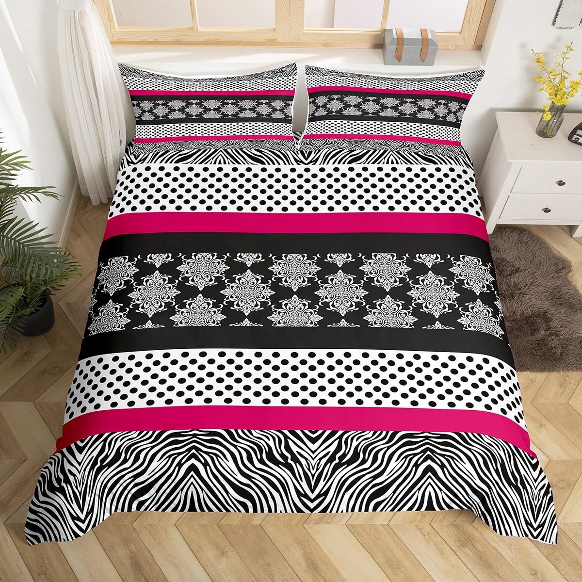 Zebra Skin Prined Duvet Cover Toddler,Modern Polka Dot Print Bedding Set,Gothic Vintage Floral Comforter Cover 2PCS,Pink Black White Splicing Geometry Quilt Cover,1 Pillowcase(Not Comforter)