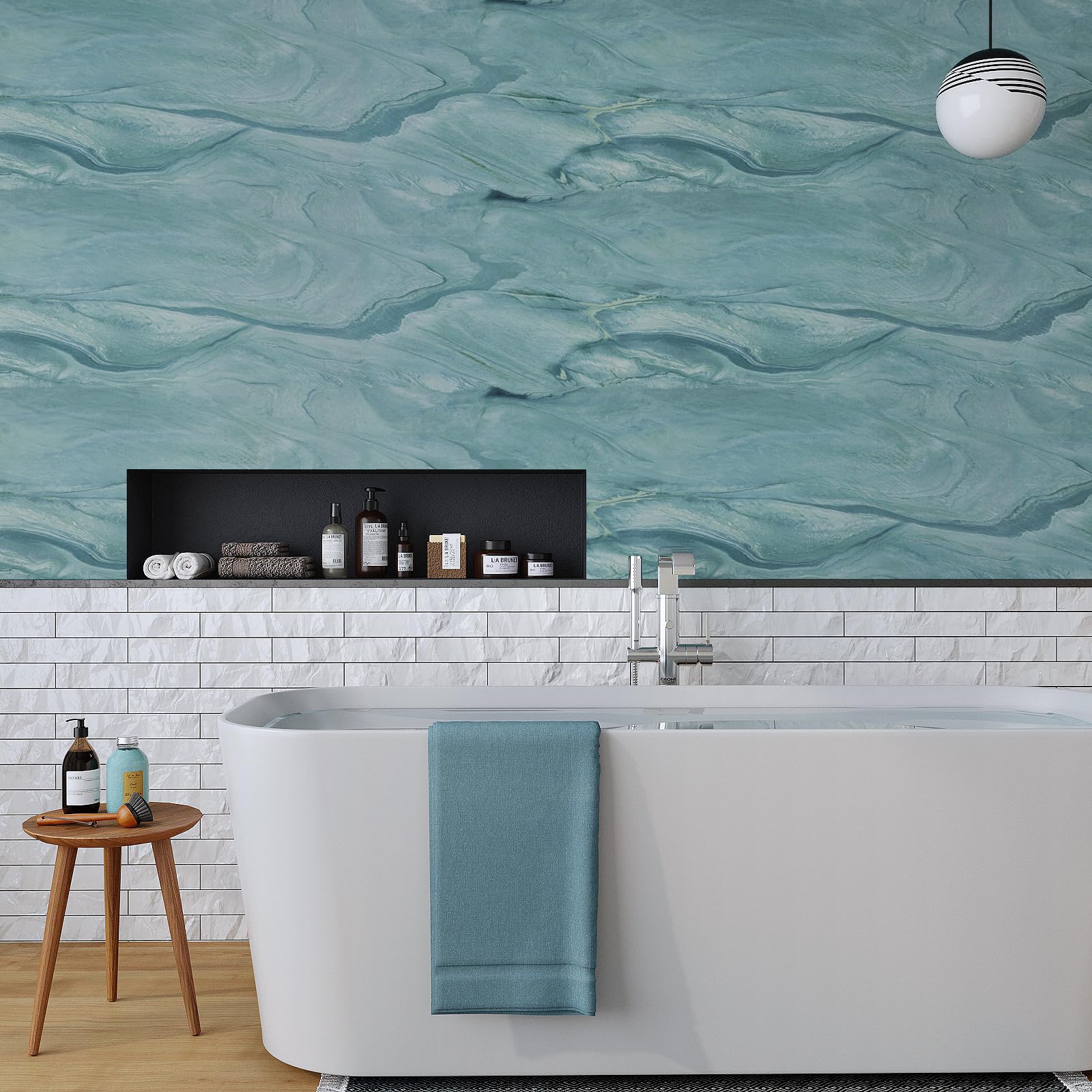 VaryPaper Teal Blue Marble Contact Paper - Peel & Stick Waterproof Countertop Wallpaper 15.7"x78.7"