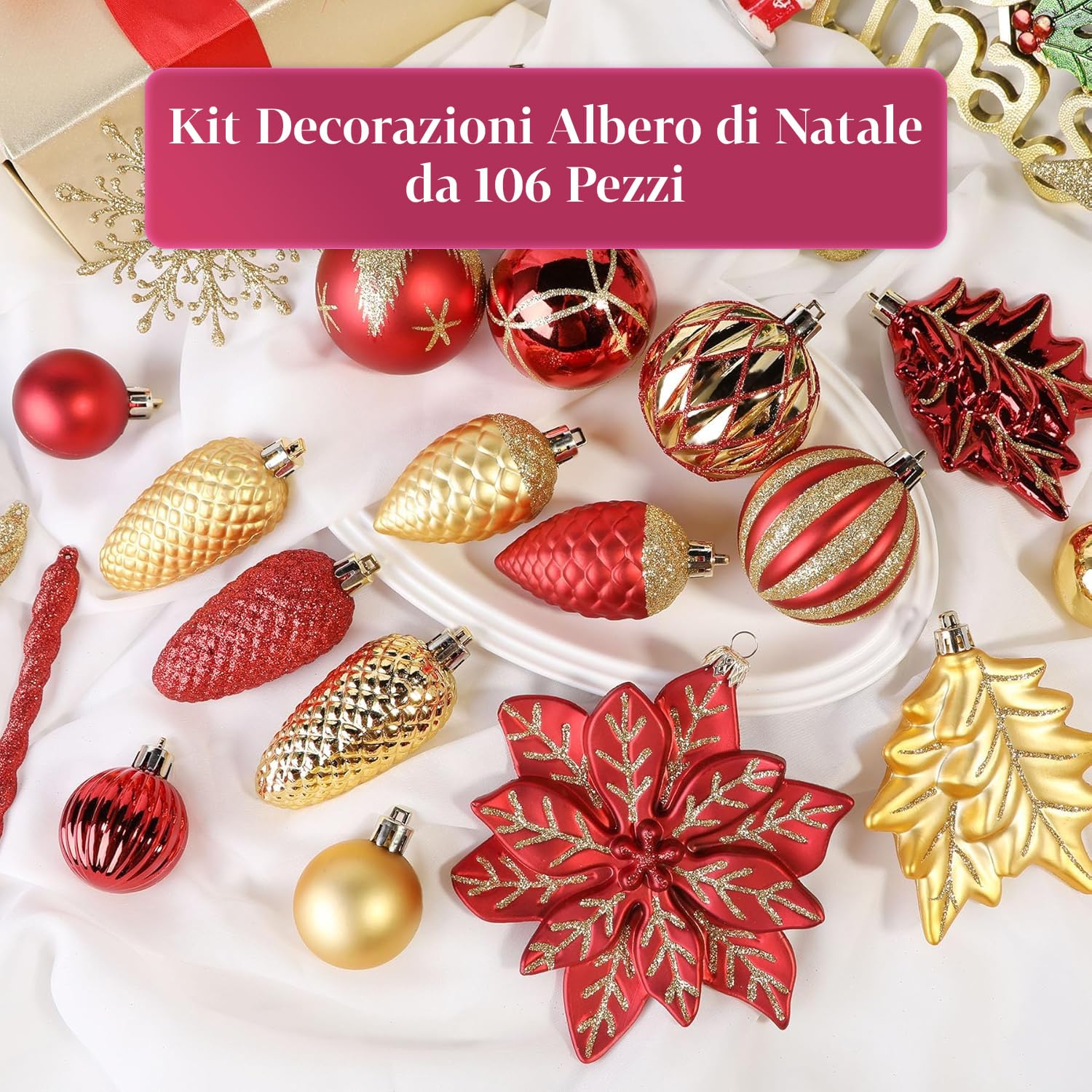 Wintem Lot de 106 décorations d'arbre de Noël en Rouge et Or avec balles, Fleurs et étoiles incassables pour décorations de Noël coordonnées, faciles à accrocher et à réutiliser