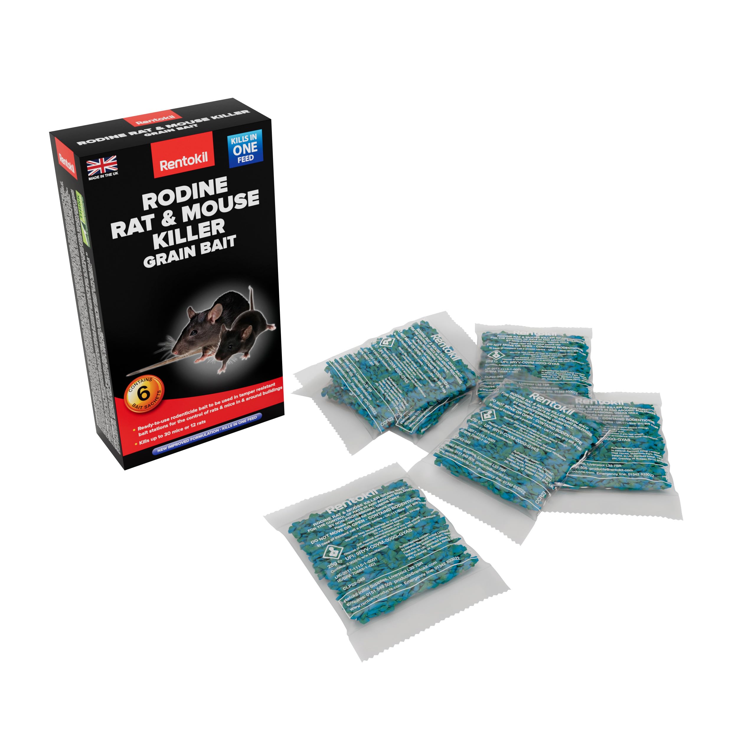 Rentokil REN0330 Rodine Rat and Mouse Killer Grain Bait, Black, 4 x 10.5 x 18.5 cm