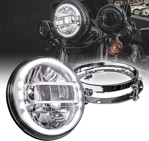 TRUE MODS - Faro delantero LED de 7 pulgadas para Harley Davidson + soporte de montaje aprobado por DOT acabado cromado HALO DRL adaptadores H4 para