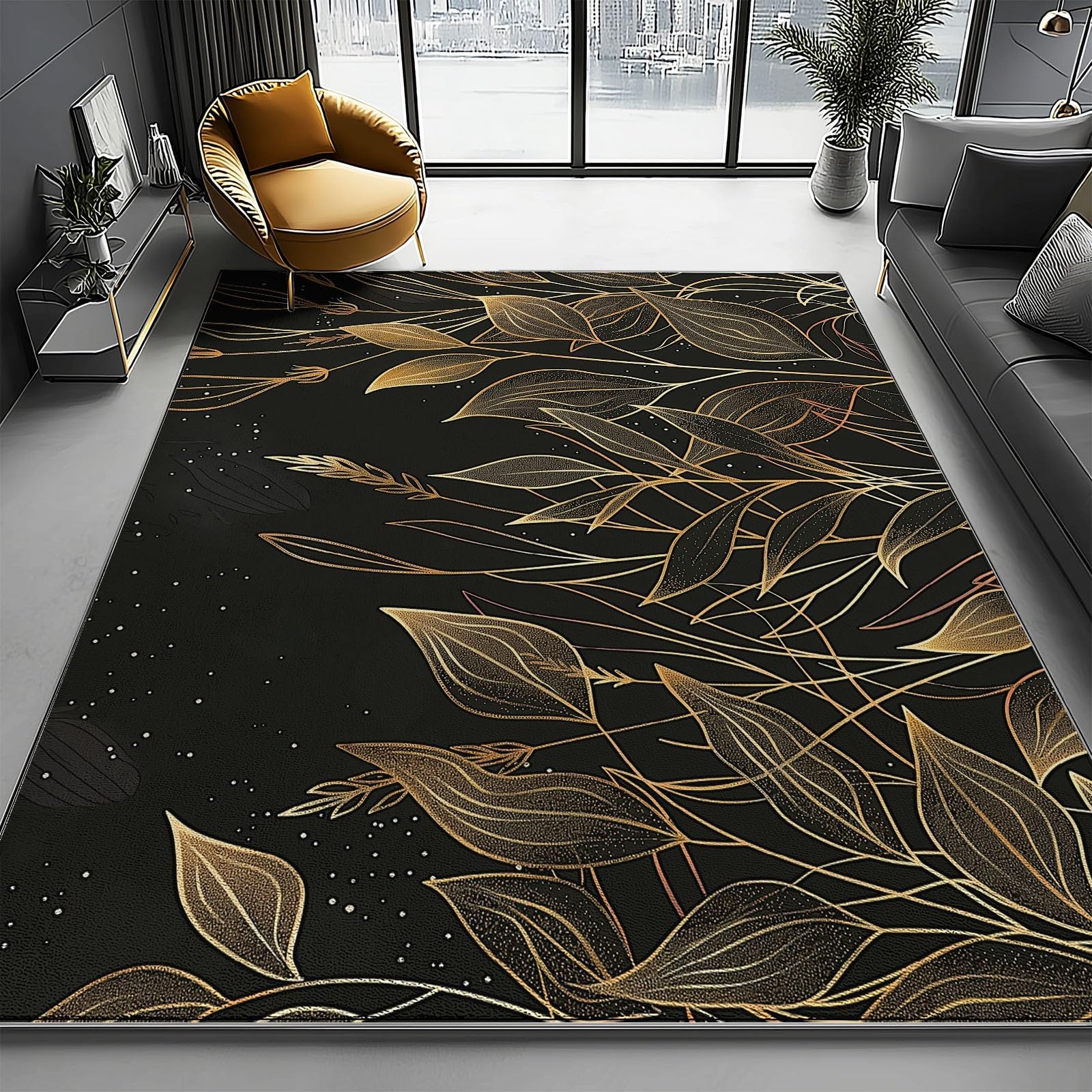 Tapis imprimé feuilles de plantes pour entrée et bureau, décoration noire et dorée