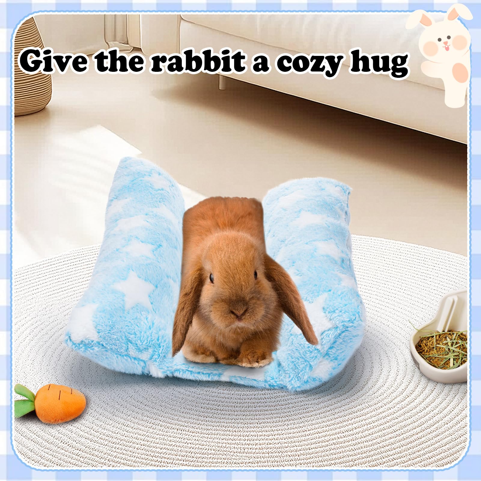 MEWTOGO Letto per coniglio, 30 x 35 cm, morbido letto concavo addensato, cuscino in peluche con cuscini in cotone per dormire in gabbia, idea regalo per coniglietti al coperto, celeste con stelle