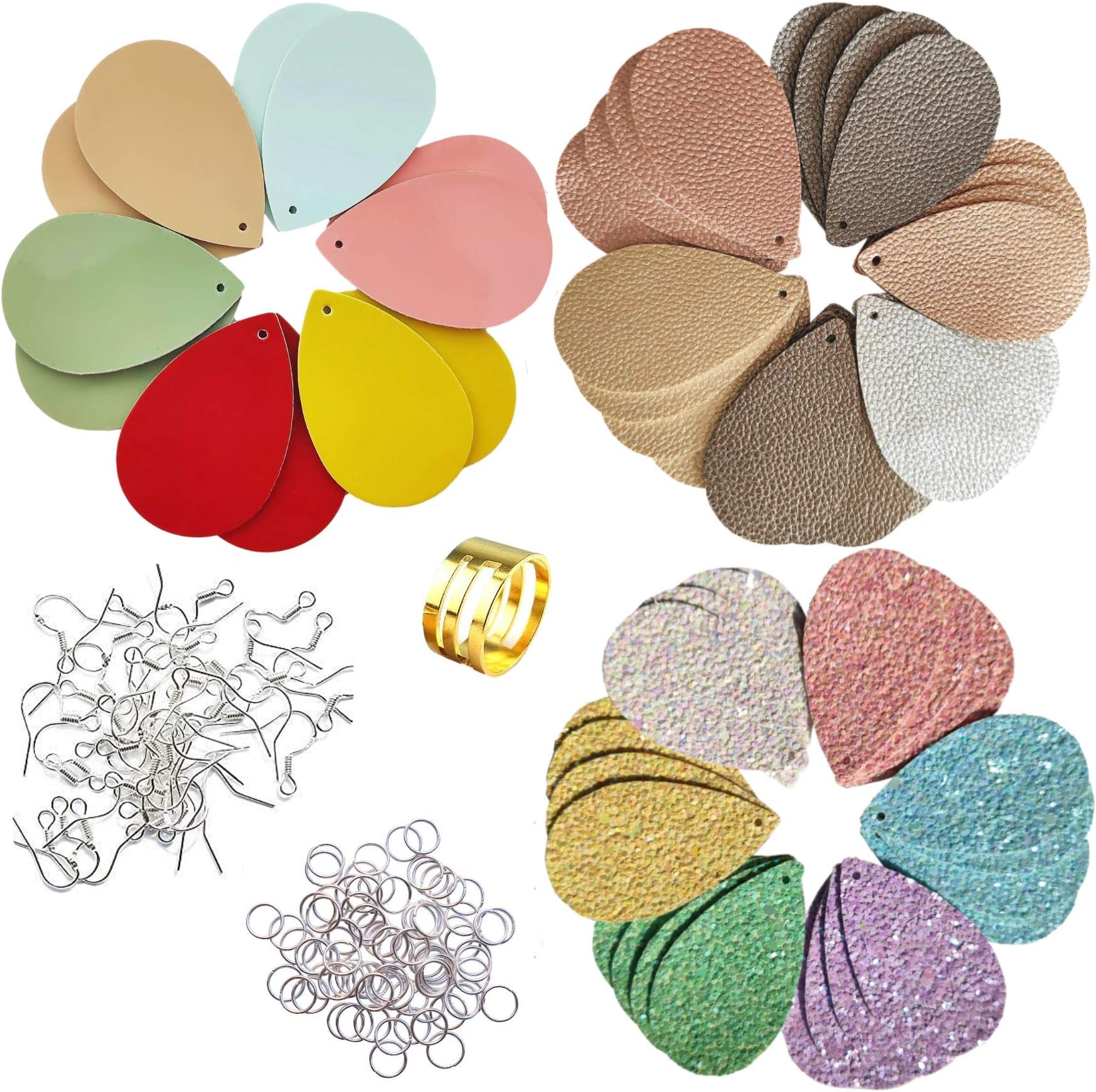 AOUXSEEM Pre Cut Faux  Leather  Earrings  Making   Kit  for Beginner, Multiple Materials Teardrop Shape Fabric Pieces with Holes and Silver Hypoallergenic  Earring  Hooks Jump Rings (Solid A)