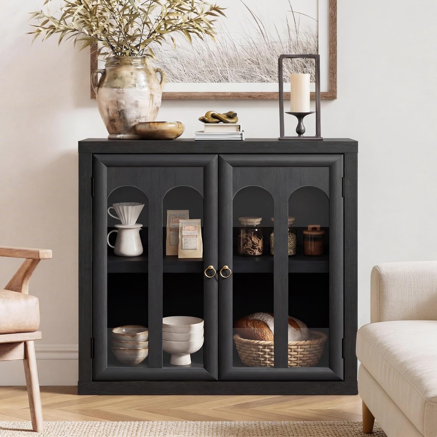 Buffet Cabinet with Arched Glass Door, Modular Sideboard Accent Cabinet with 3-Color LED Light and Adjustable Shelves, Modern Media Console Credenza Storage for Living Room Entryway, Black