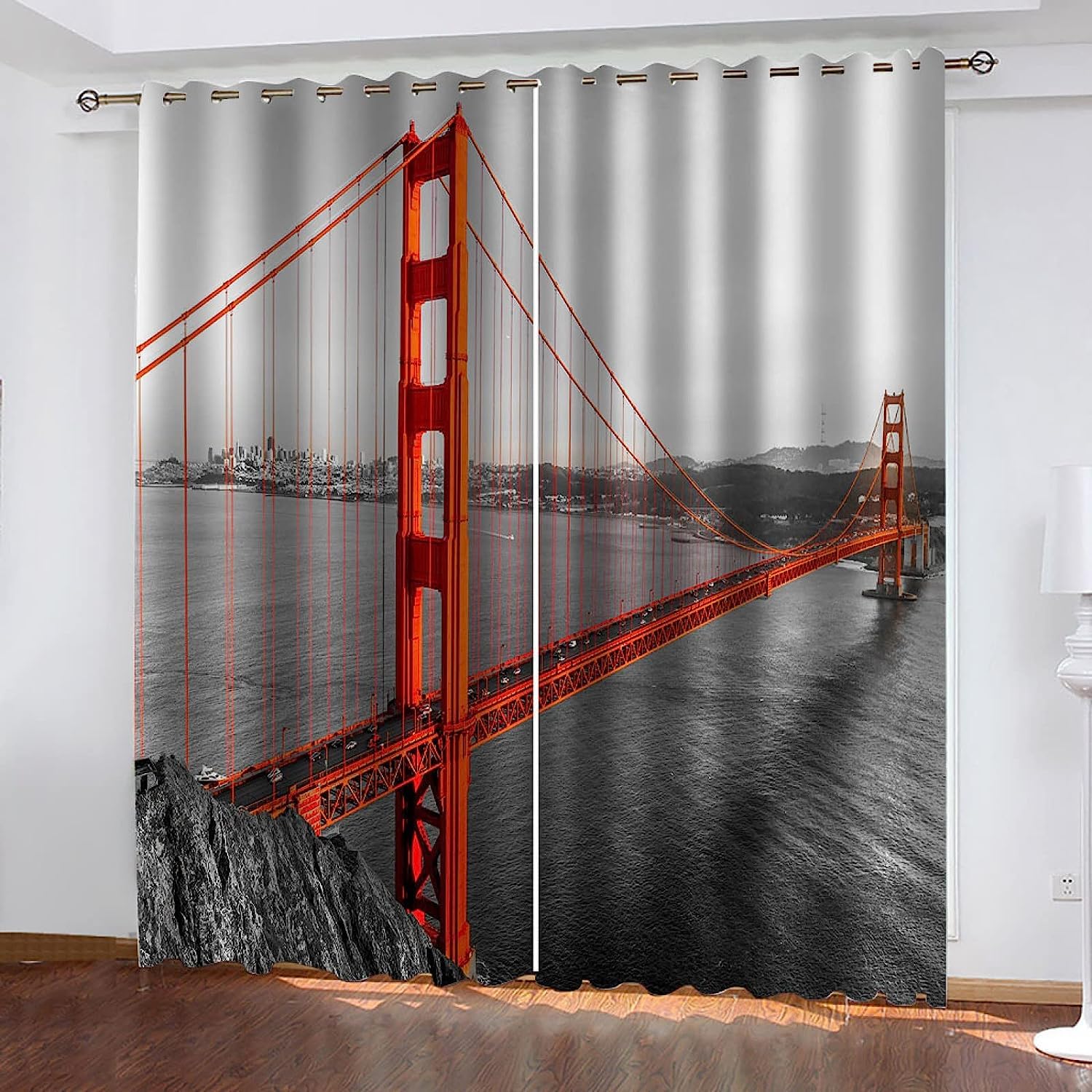 Cortinas Opacas Estampado Paisaje del Puente De La Ciudad Cortinas Termicas Aislantes Frio Y Calor con Ojales para Dormitorio Y Salón Blackout Fibra De Poliéster Cortina 2 Piezas - C-6080730378952550