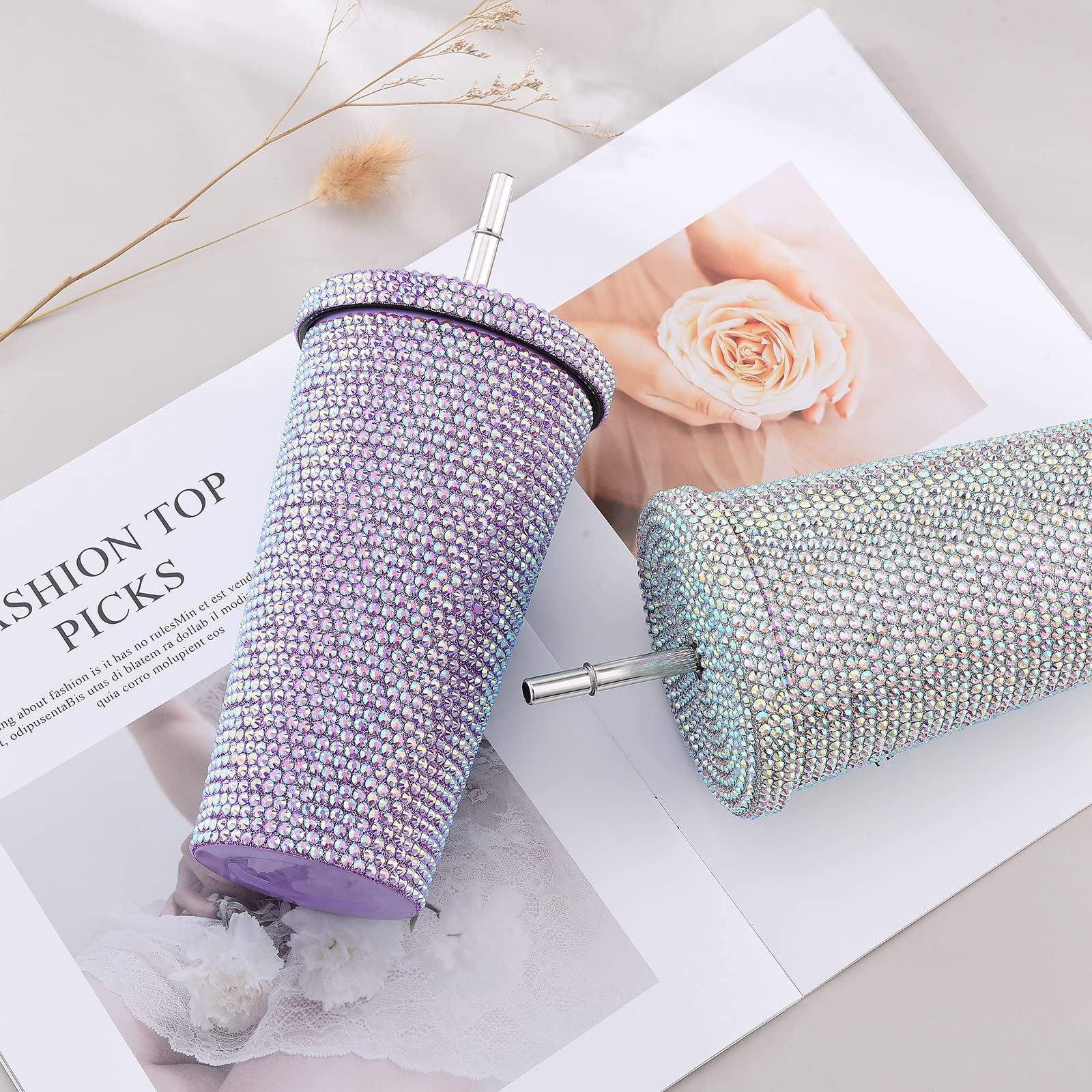 Bicchiere D'acqua con Borchie e Diamanti Scintillanti da 17 Oz con Coperchio e Strass, in Acciaio Inossidabile, con Cannuccia Termica Sottovuoto, Regalo per Donne, Mamma, Girlfreind(Viola)