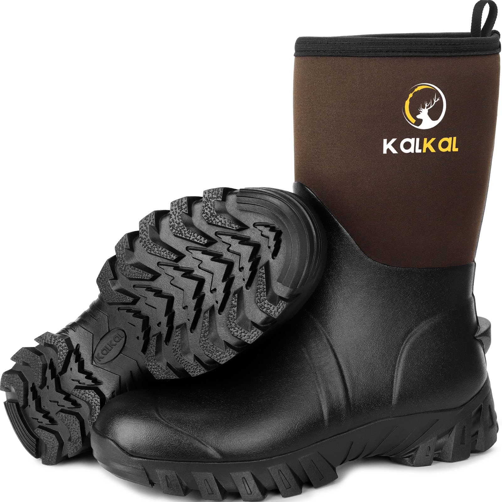 KalkalRubber Boots Work Boots for Men, 5mm Neoprene Insulated Waterproof Rain Boots, 12" Mid Calf Men Rubber Boots for Mud Hunting Gardening Outdoor Working Farming Fishing