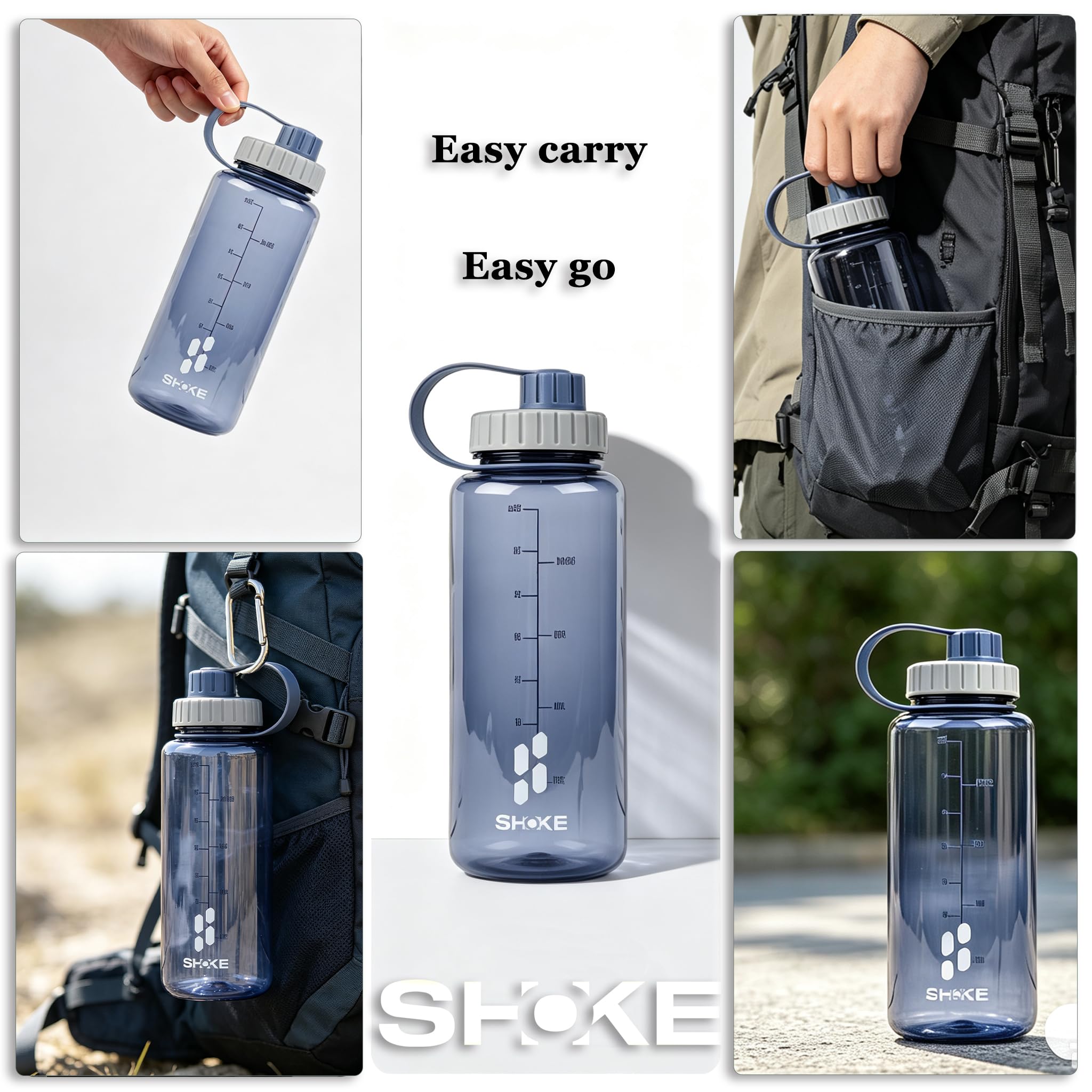SHOKE Tritan Wasserflasche mit breitem Mund, auslaufsicher, Kunststoff, 1 Liter, BPA-frei, für Sport, Outdoor-Reisen, grau