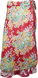 Womens Red Floral Magic Wrap Skirt Two Layers Sari Gypsy Chic Long Skirts