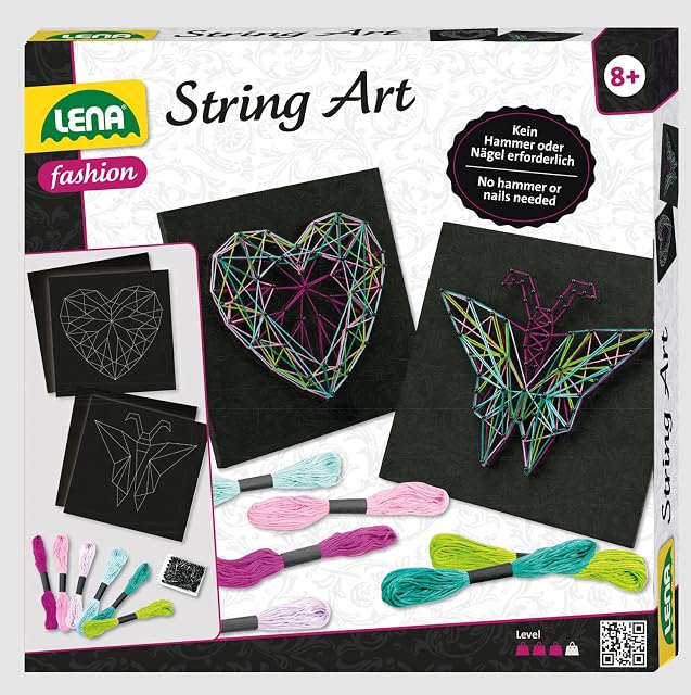 Lena 42650 Craft String Art Butterfly and Heart, Complete Patterns, with 2 Base Plates, Approx. 21.5 x21.5x1 cm, pins and 6 Coloured Threads, Set for Children from 8 Years