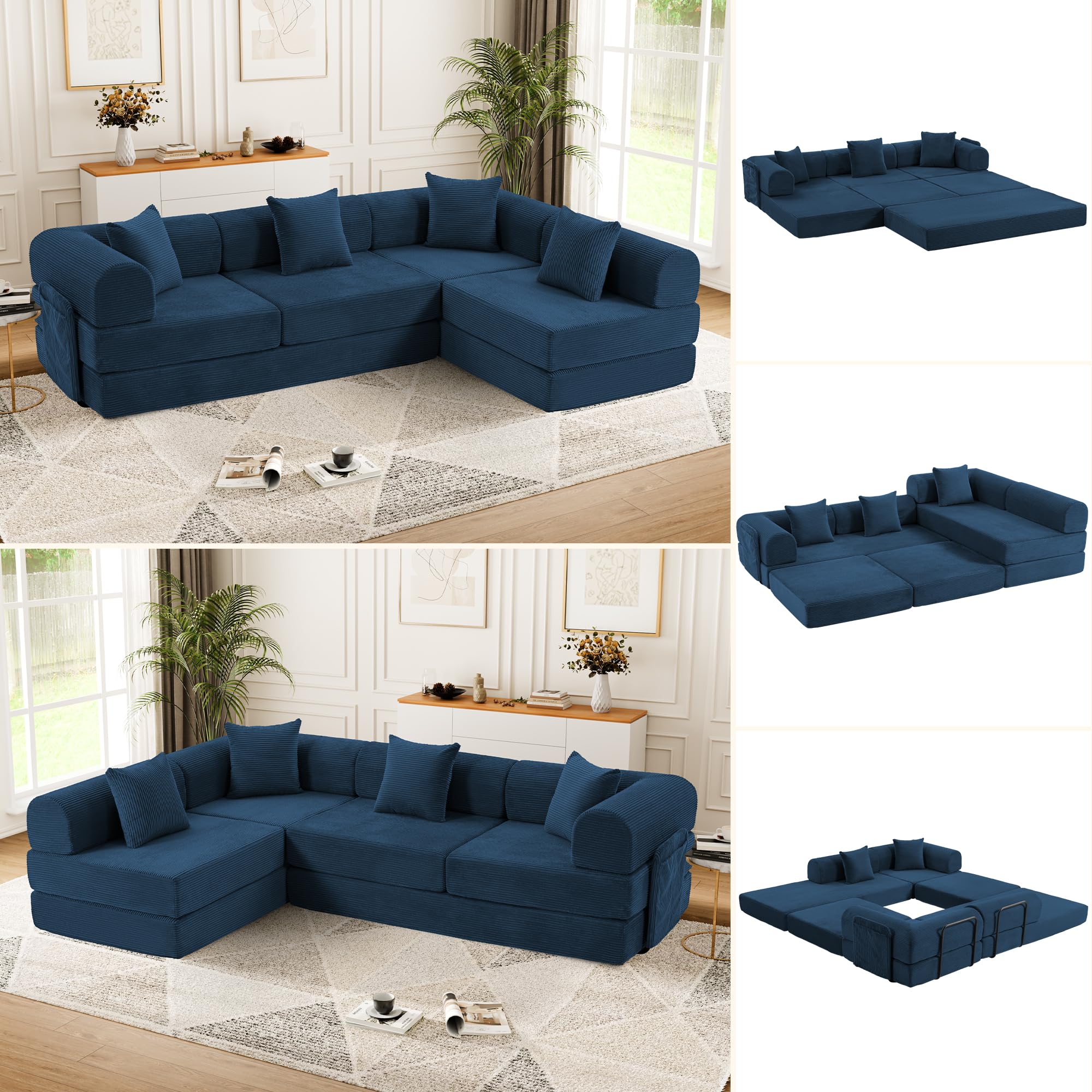 Photo 1 of ***PARTIAL SET - PRICE ADJUSTED***
Trygoal 106" Modular Sectional Sofa Bed, L-Shaped Convertible Sleeper Sofa with Fixed-Shape Metal Frame, Oversized Corduroy Cloud Couch with Storage Pocket, No Assembly Couch for Living Room, Blue