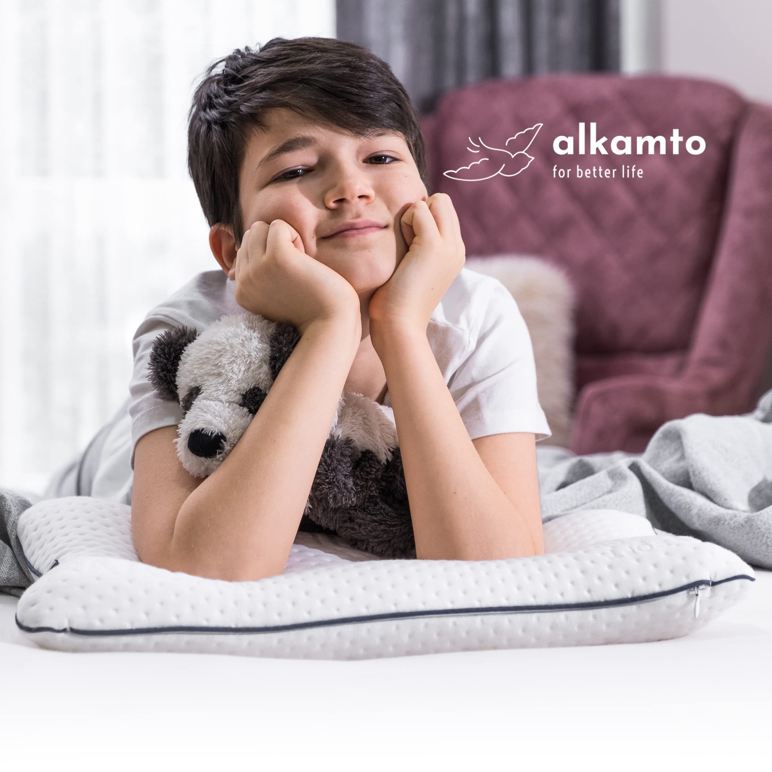 Alkamto Oreiller orthopédique pour Enfant - Mousse à mémoire de Forme avec Housse en Coton supplémentaire pour Enfants et Jeunes Enfants - Oreiller viscoélastique - Sac Facile à Transporter