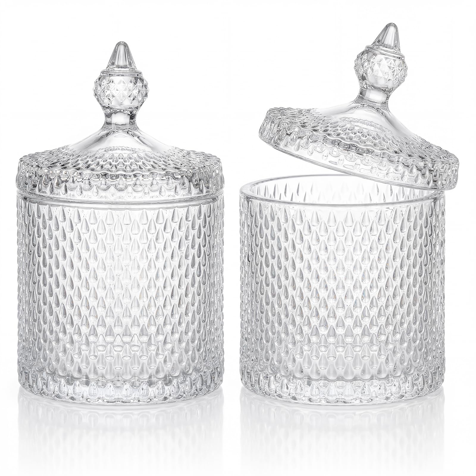 Hejo 2 Pack Crystal Sweet Jars, 600ml Retro Glass Sweet Jars with Spire Lids & Water Drop Pattern – Decorative Storage for Candy, Biscuits, Jewellery, Bathroom