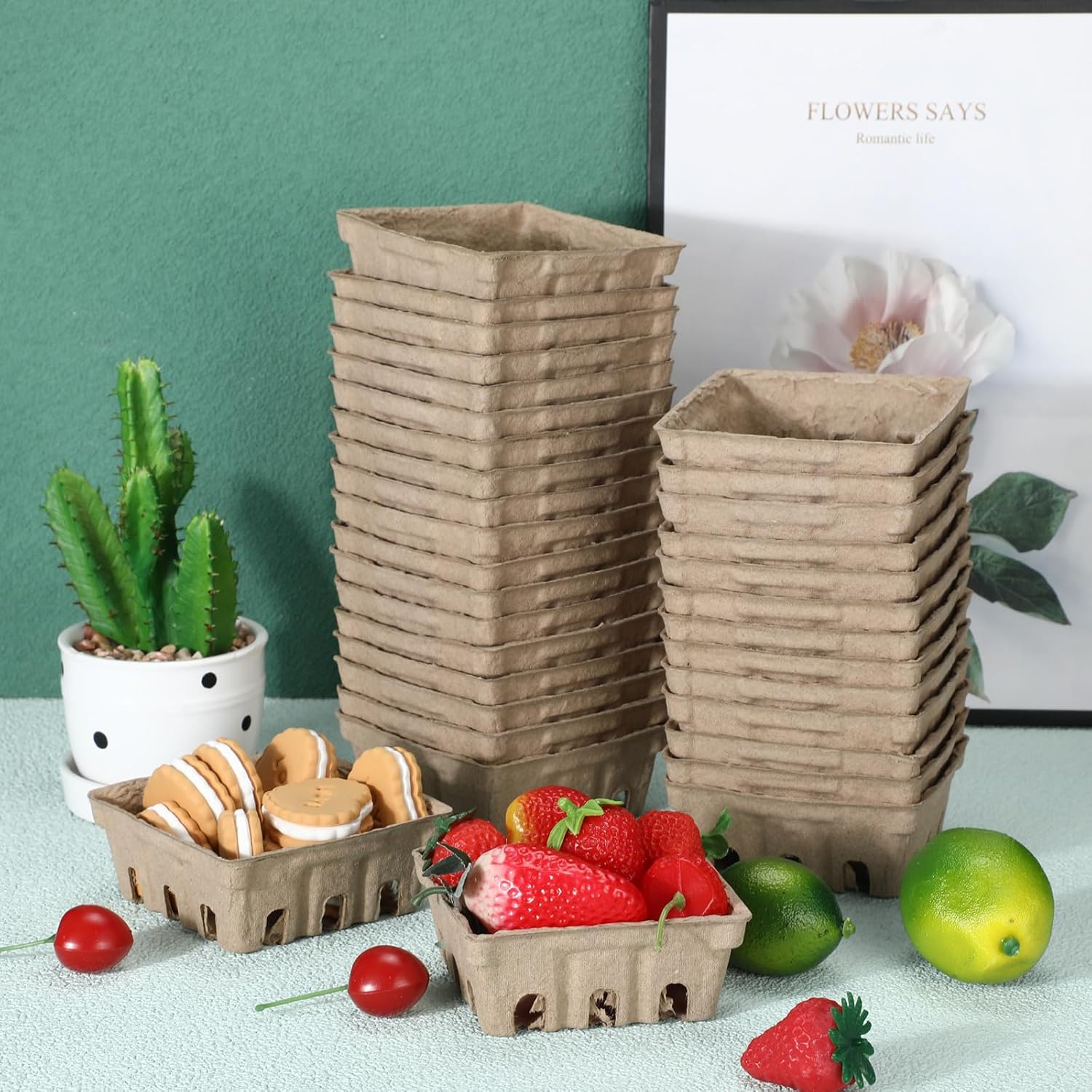 Zhehao 150 Pcs Natural Pulp Fiber Berry Basket Drink Coasters Vented Produce Basket Containers Farmers Market Strawberry Paper Cardboard Fruits Vegetable Berry Box for Kitchen Supplies Stores