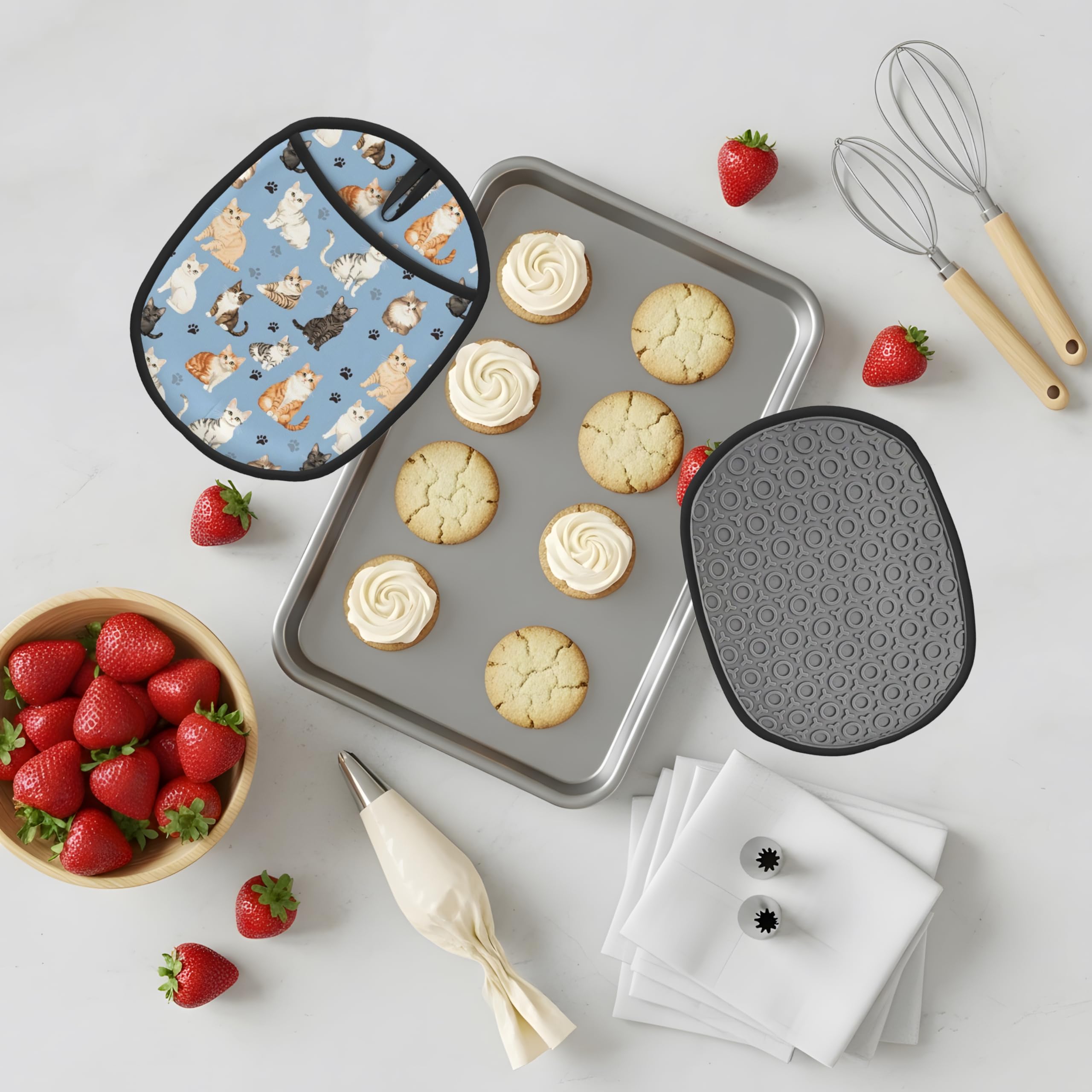 Topflappen, Silikon, Baumwollfutter, hitzebeständig bis 260 °C, rutschfester Griff, 19,1 x 23,9 cm, ovale Kochpads für Ofen, Kochen (Katze, Topflappen)