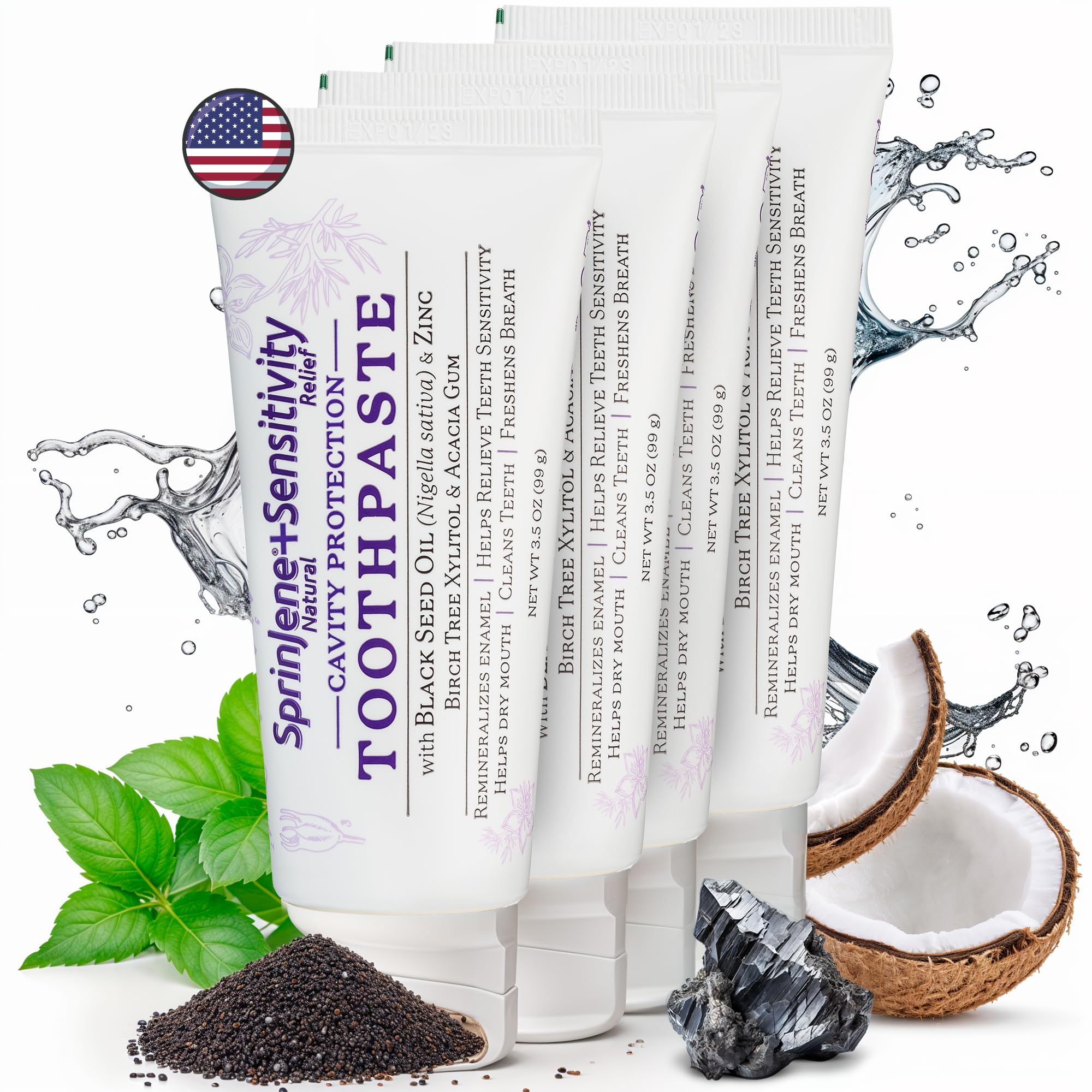 SprinJene Natural Sensitivity Relief, Fluoride Toothpaste for Sensitive Teeth | Natural Toothpaste for Cavity Protection | 4 Pack