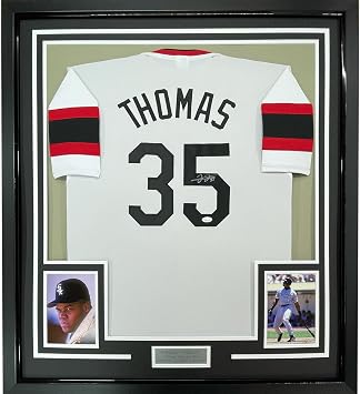 Framed Autographed/Signed Frank Thomas 35x39 Chicago Retro White Baseball Jersey JSA COA